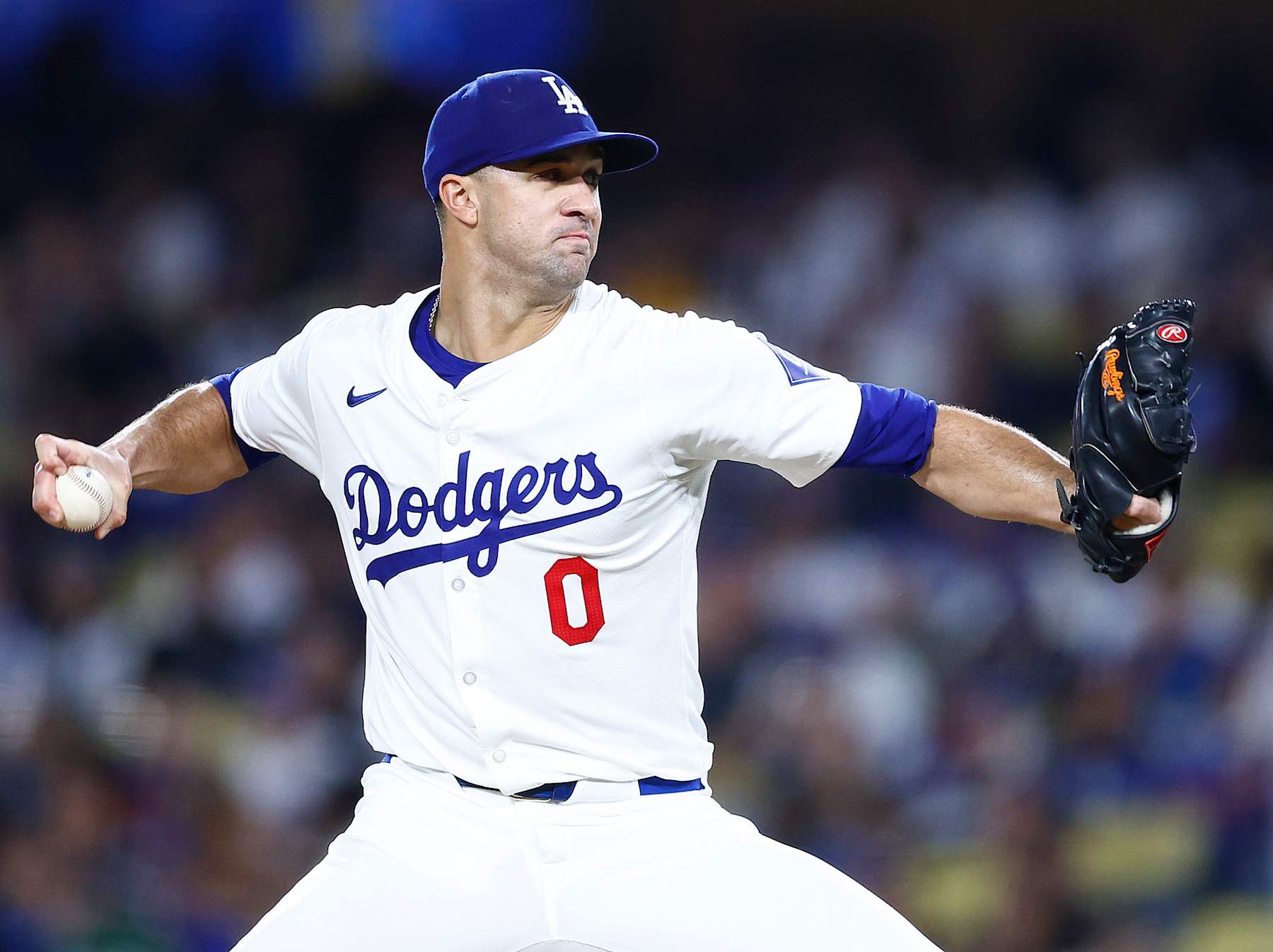LOS ANGELES, CALIFORNIA - SEPTEMBER 25:  Jack Flaherty #0 of the Los Angeles Dodgers throws against the San Diego Padres in the first inning at Dodger Stadium on September 25, 2024 in Los Angeles, California. (Photo by Ronald Martinez/Getty Images)