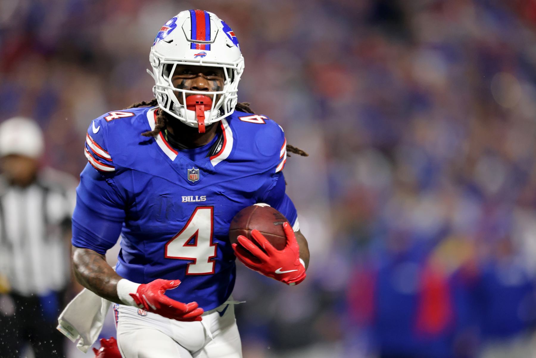 ORCHARD PARK, NEW YORK - SEPTEMBER 23: James Cook #4 of the Buffalo Bills looks on during the first quarter against the Jacksonville Jaguars at Highmark Stadium on September 23, 2024 in Orchard Park, New York. (Photo by Bryan Bennett/Getty Images)