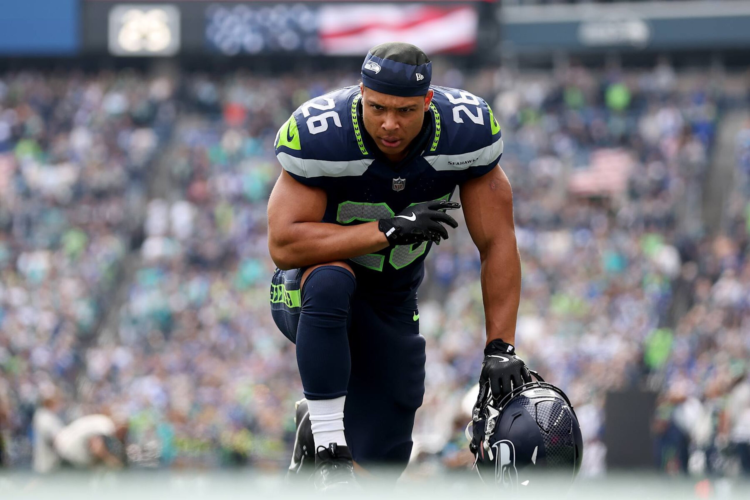 SEATTLE, WASHINGTON - SEPTEMBER 22: Zach Charbonnet #26 of the Seattle Seahawks before the game against the Miami Dolphins at Lumen Field on September 22, 2024 in Seattle, Washington. (Photo by Steph Chambers/Getty Images)