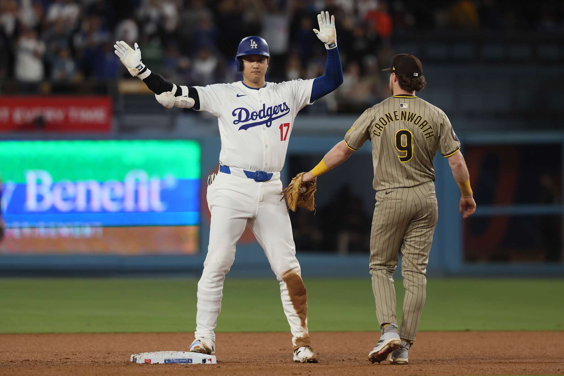 Los Angeles, CA, Thursday, September 26, 2024 - Los Angeles Dodgers dh Shohei Ohtani (17) dances on second base after hitting an eighth inning double off Padres pitcher Yuki Matsui at Dodger Stadium. (Robert Gauthier/Los Angeles Times via Getty Images)