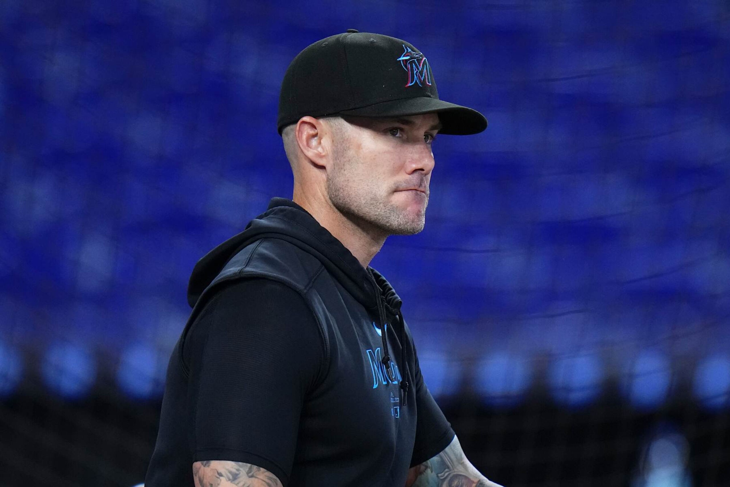 MIAMI, FLORIDA - AUGUST 05: Miami Marlins manager Skip Schumaker looks on prior to a game against the Cincinnati Reds  at loanDepot park on August 05, 2024 in Miami, Florida. (Photo by Rich Storry/Getty Images)