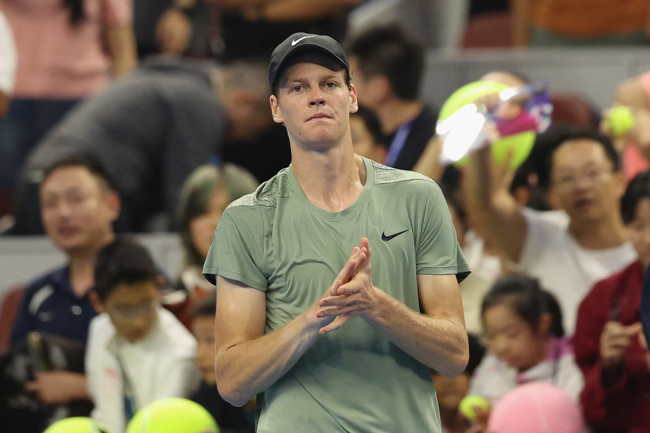 BEIJING, CHINA - SEPTEMBER 28:  Jannik Sinner of Italy celebrates winning the Men's Singles Round of 16 against Roman Safiullin of Russia on Day 6 of the China Open at National Tennis Center on September 28, 2024 in Beijing, China. (Photo by Lintao Zhang/Getty Images)