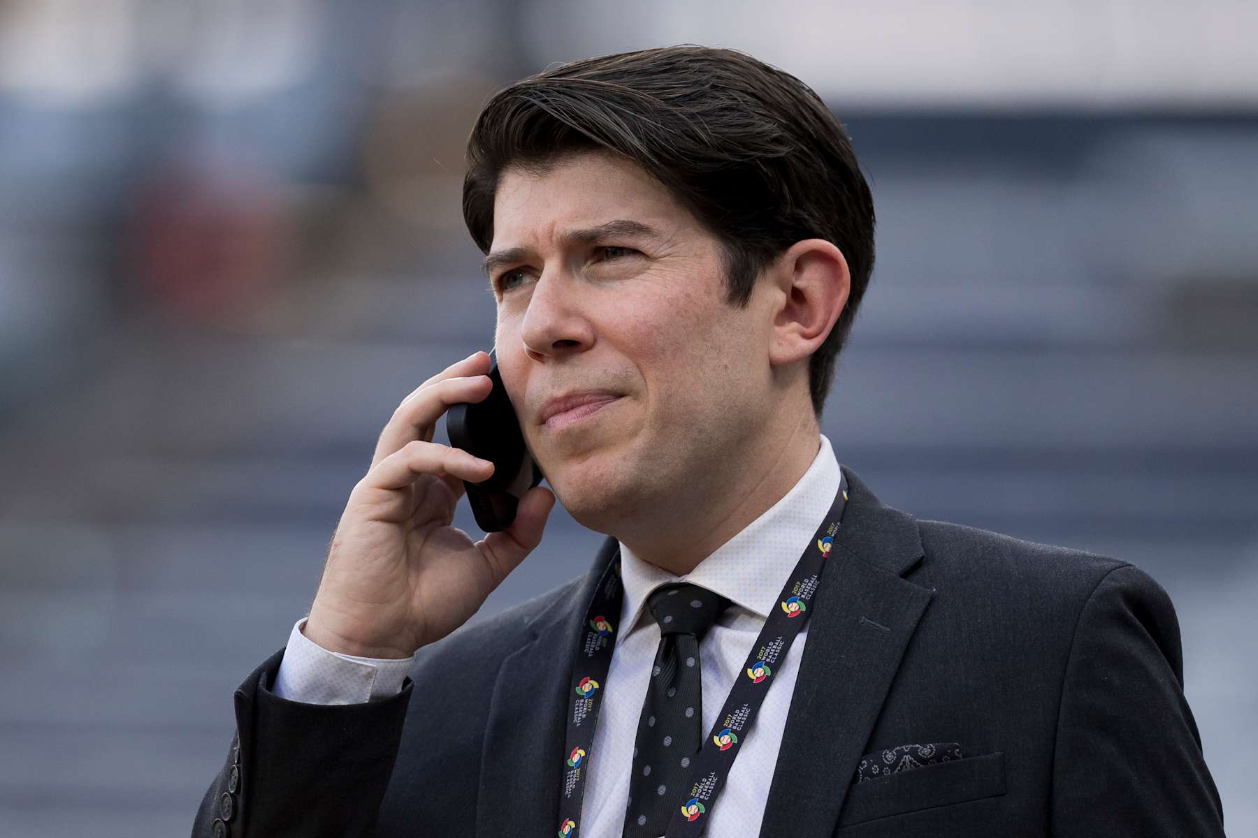 CHICAGO, ILLINOIS - SEPTEMBER 10: ESPN baseball analyst Jeff Passan talks on the phone before a game between the Chicago White Sox and the Cleveland Guardians at Guaranteed Rate Field on September 10, 2024 in Chicago, Illinois. (Photo by Matt Dirksen/Getty Images)