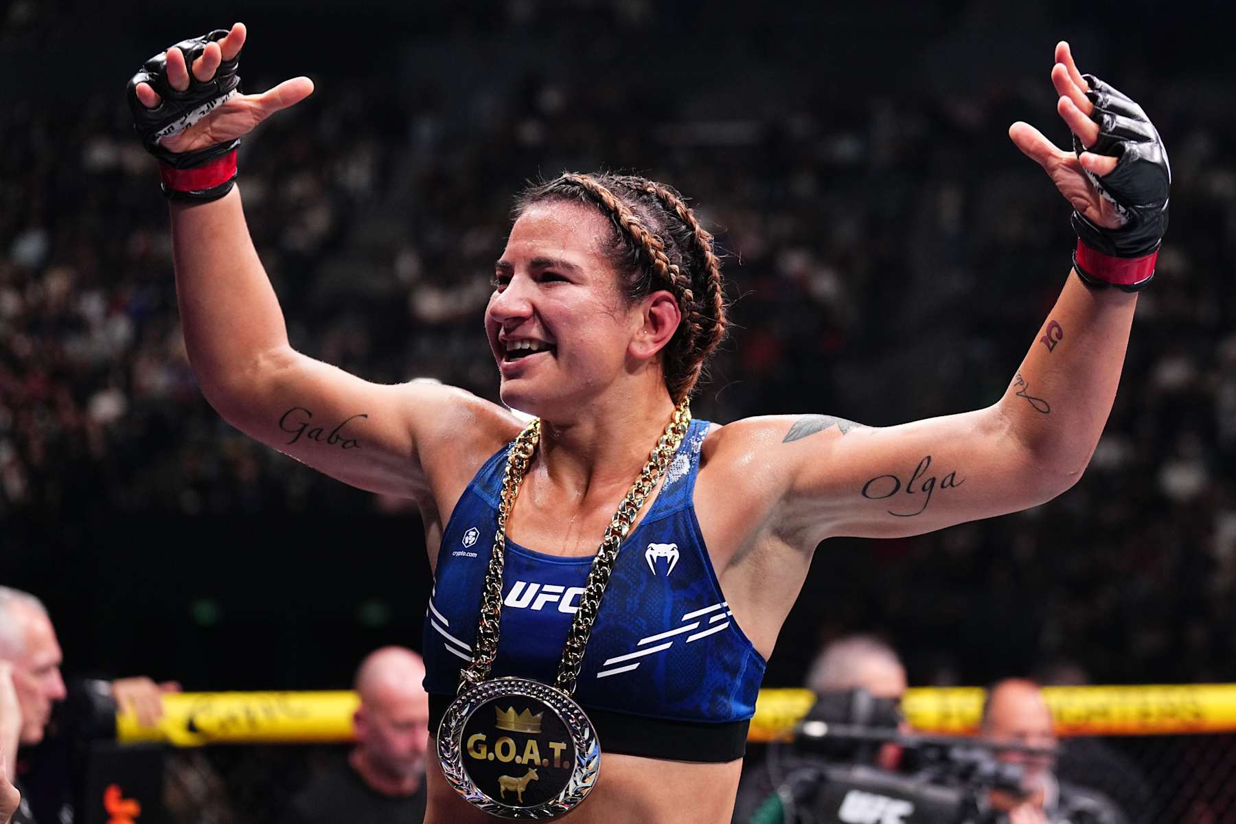 PARIS, FRANCE - SEPTEMBER 28: Ailin Perez of Argentina reacts after a submission victory against Daria Zhelezniakova of Russia in a bantamweight fight during the UFC Fight Night event at The Accor Arena on September 28, 2024 in Paris, France.  (Photo by Chris Unger/Zuffa LLC)