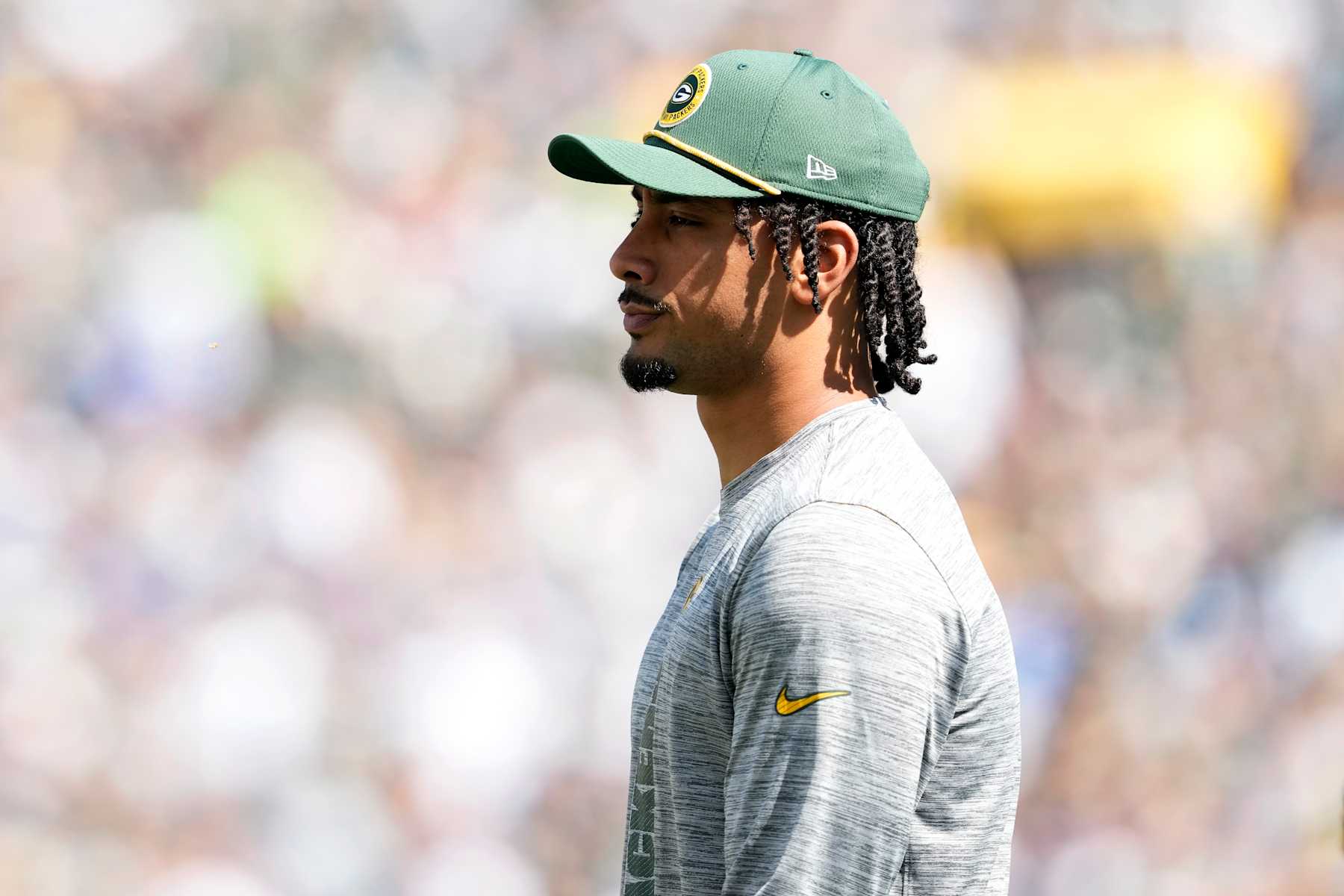 GREEN BAY, WISCONSIN - SEPTEMBER 15: Jordan Love #10 of the Green Bay Packers looks on prior to a game against the Indianapolis Colts at Lambeau Field on September 15, 2024 in Green Bay, Wisconsin. (Photo by Patrick McDermott/Getty Images)