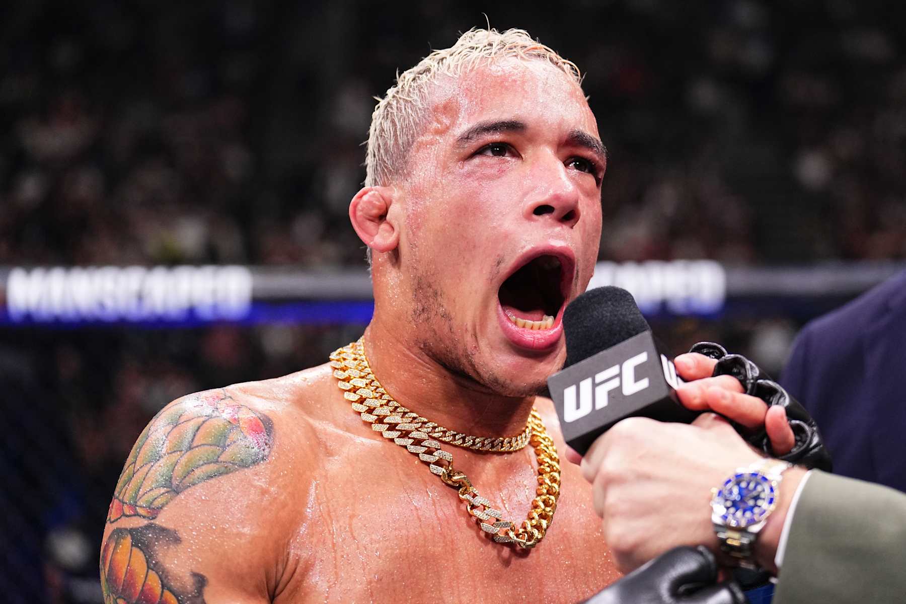 PARIS, FRANCE - SEPTEMBER 28: Bryan Battle reacts after a TKO victory against Kevin Jousset of France in a welterweight fight during the UFC Fight Night event at The Accor Arena on September 28, 2024 in Paris, France.  (Photo by Chris Unger/Zuffa LLC)