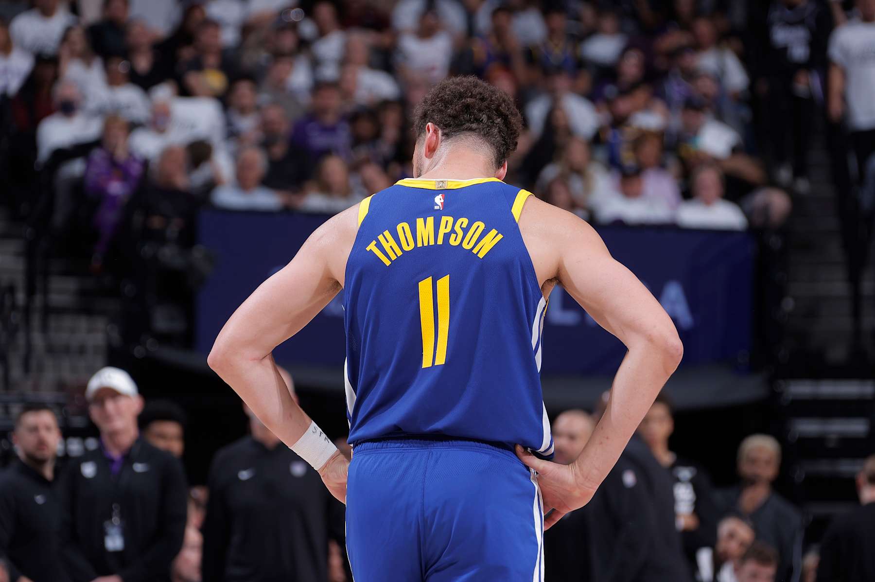 SACRAMENTO, CA - APRIL 16: Klay Thompson #11 of the Golden State Warriors looks on during the game against the Sacramento Kings during the 2024 Play-In Tournament on April 16, 2024 at Golden 1 Center in Sacramento, California. NOTE TO USER: User expressly acknowledges and agrees that, by downloading and or using this photograph, User is consenting to the terms and conditions of the Getty Images Agreement. Mandatory Copyright Notice: Copyright 2024 NBAE (Photo by Rocky Widner/NBAE via Getty Images)