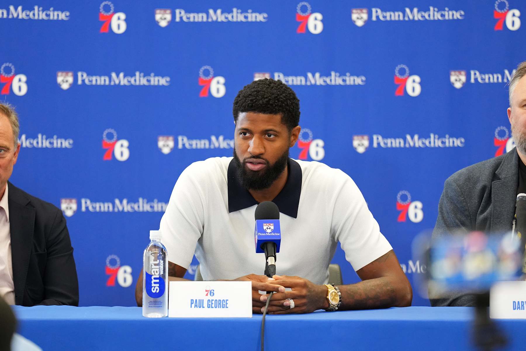 PHILADELPHIA, PA - JULY 23: Paul George #8 of the Philadelphia 76ers talks to the media during his Philadelphia 76ers introductory press conference on July 23, 2024 at the Wells Fargo Center in Philadelphia, Pennsylvania NOTE TO USER: User expressly acknowledges and agrees that, by downloading and/or using this Photograph, user is consenting to the terms and conditions of the Getty Images License Agreement. Mandatory Copyright Notice: Copyright 2024 NBAE (Photo by Jesse D. Garrabrant/NBAE via Getty Images)