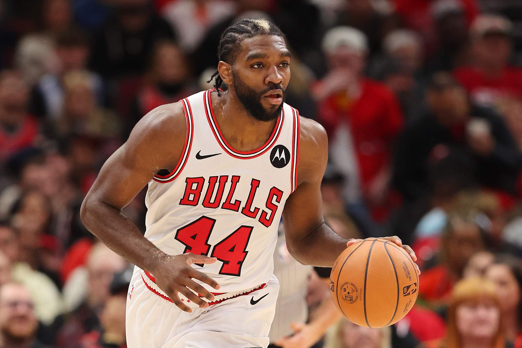 CHICAGO, ILLINOIS - DECEMBER 23: Patrick Williams #44 of the Chicago Bulls dribbles up the court against the Cleveland Cavaliers during the second half at the United Center on December 23, 2023 in Chicago, Illinois. NOTE TO USER: User expressly acknowledges and agrees that, by downloading and or using this photograph, User is consenting to the terms and conditions of the Getty Images License Agreement.  (Photo by Michael Reaves/Getty Images)