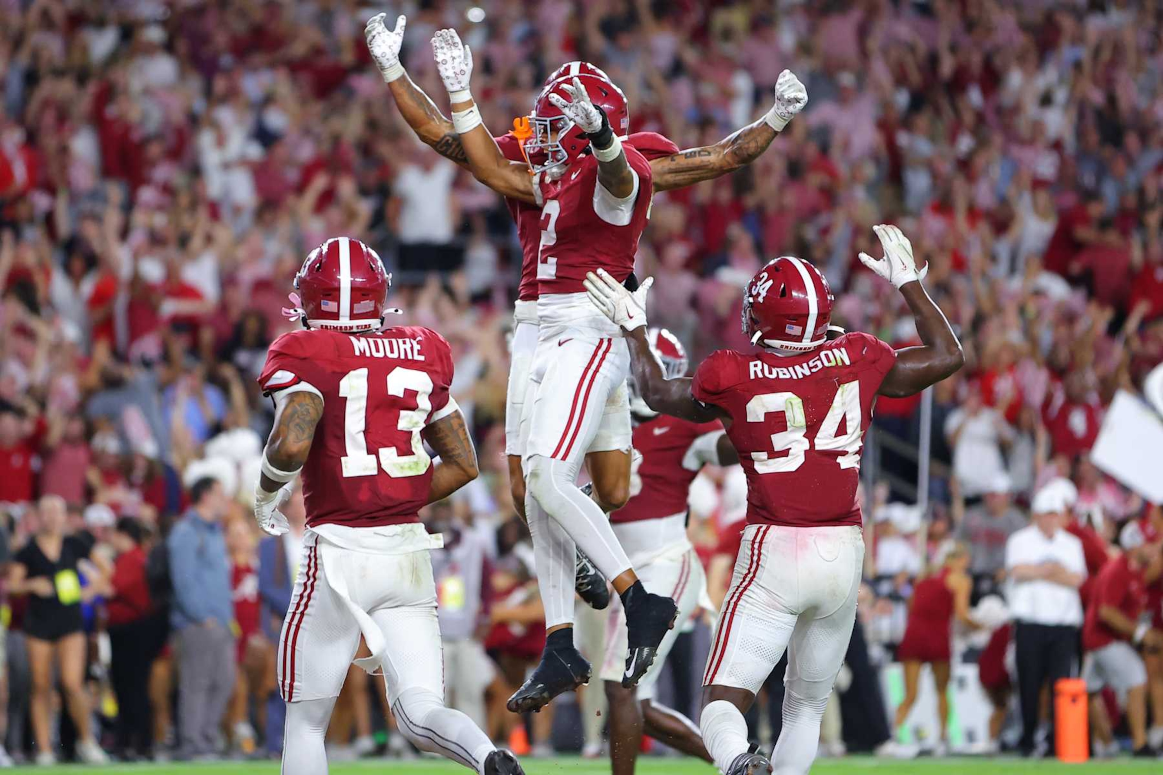 TUSCALOOSA, ALABAMA - SEPTEMBER 28: Zabien Brown #2 of the Alabama Crimson Tide celebrates after his interception against the Georgia Bulldogs with Domani Jackson #1 and teammates during the final minute of the fourth quarter at Bryant-Denny Stadium on September 28, 2024 in Tuscaloosa, Alabama. (Photo by Kevin C. Cox/Getty Images) TUSCALOOSA, ALABAMA - SEPTEMBER 28: Zabien Brown #2 of the Alabama Crimson Tide celebrates after his interception against the Georgia Bulldogs with Domani Jackson #1 and teammates during the final minute of the fourth quarter at Bryant-Denny Stadium on September 28, 2024 in Tuscaloosa, Alabama. (Photo by Kevin C. Cox/Getty Images)