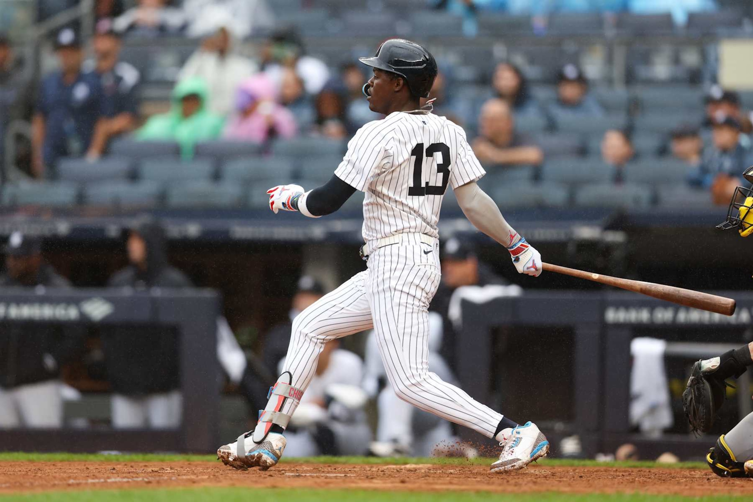 NEW YORK, NY - SEPTEMBER 28: Jazz Chisholm Jr. #13 of the New York Yankees hits an RBI double in the eighth inning during the game between the Pittsburgh Pirates and the New York Yankees at Yankee Stadium on Saturday, September 28, 2024 in New York, New York. (Photo by Rob Tringali/MLB Photos via Getty Images)