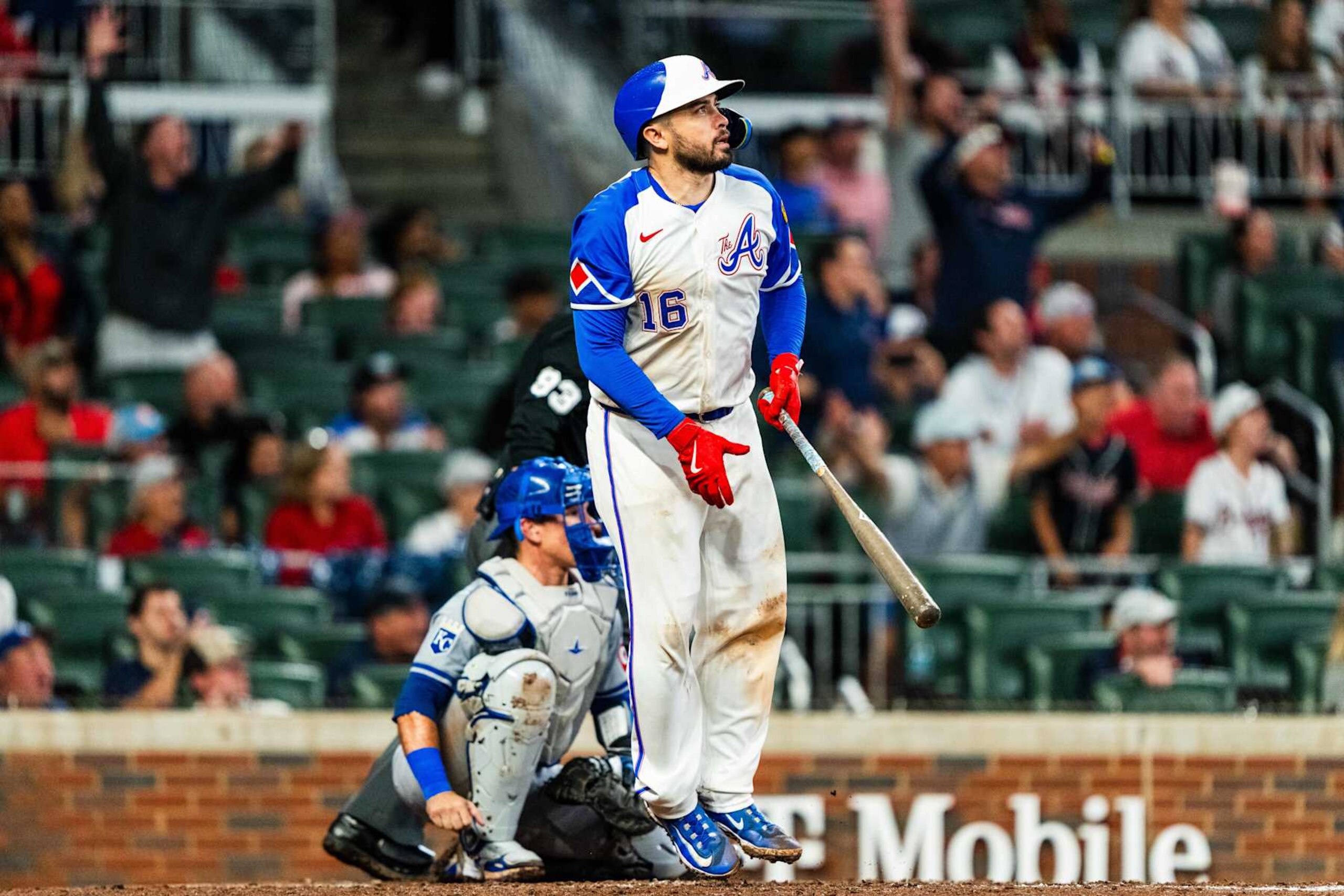 ATLANTA, GA - SEPTEMBER 28: Travis d'Arnaud #16 of Atlanta Braves hits a walk-off home run in the ninth inning against the Kansas City Royals at Truist Park on September 28, 2024 in Atlanta, Georgia. (Photo by Matthew Grimes Jr./Atlanta Braves/Getty Images)
