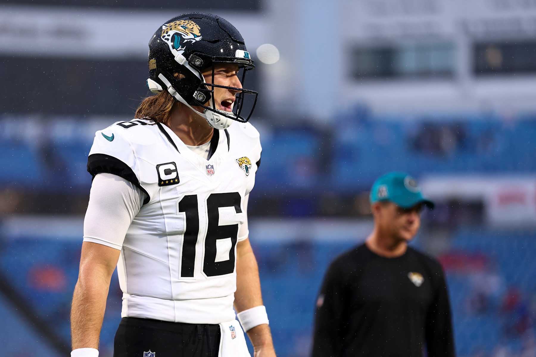 ORCHARD PARK, NY - SEPTEMBER 23: Trevor Lawrence #16 of the Jacksonville Jaguars looks on prior to an NFL football game against the Buffalo Bills at Highmark Stadium on September 23, 2024 in Orchard Park, New York. (Photo by Kevin Sabitus/Getty Images)