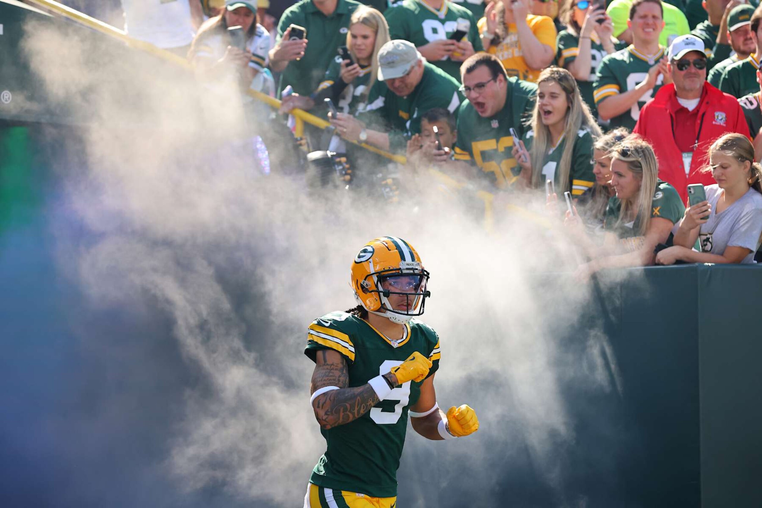 GREEN BAY, WISCONSIN - SEPTEMBER 29: Christian Watson #9 of the Green Bay Packers takes the field prior to a game against the Minnesota Vikings at Lambeau Field on September 29, 2024 in Green Bay, Wisconsin. (Photo by Stacy Revere/Getty Images) GREEN BAY, WISCONSIN - SEPTEMBER 29: Christian Watson #9 of the Green Bay Packers takes the field prior to a game against the Minnesota Vikings at Lambeau Field on September 29, 2024 in Green Bay, Wisconsin. (Photo by Stacy Revere/Getty Images)