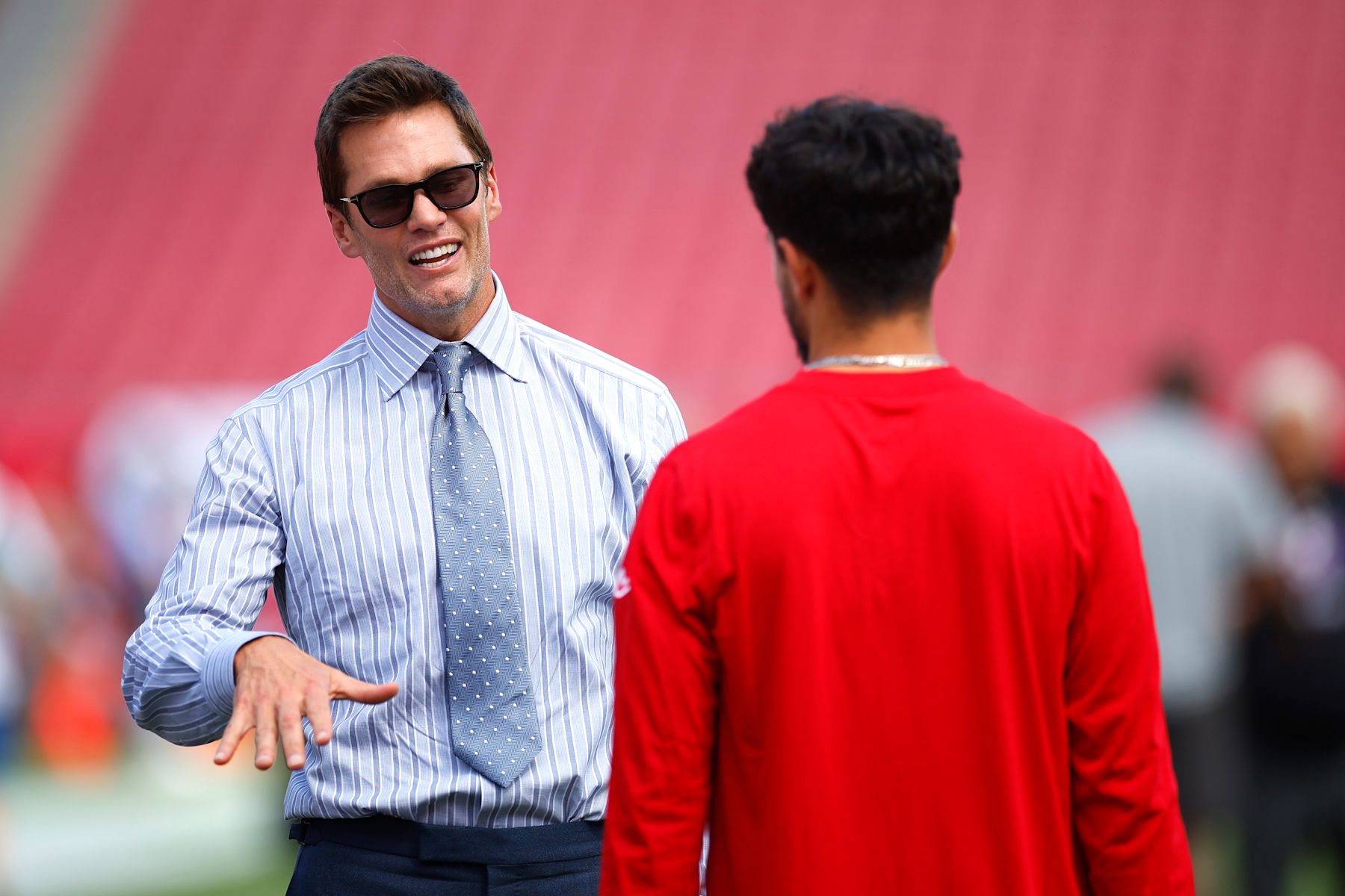 TAMPA, FLORIDA - SEPTEMBER 29: Former NFL player Tom Brady is seen on the field prior to a game between the Philadelphia Eagles and Tampa Bay Buccaneers at Raymond James Stadium on September 29, 2024 in Tampa, Florida. (Photo by Mike Ehrmann/Getty Images)