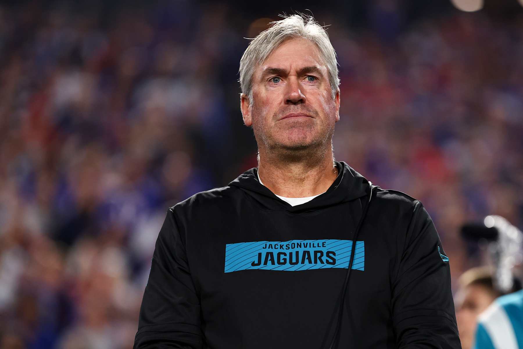 ORCHARD PARK, NY - SEPTEMBER 23: Head coach Doug Pederson of the Jacksonville Jaguars stands on the sidelines during the national anthem prior to an NFL football game against the Buffalo Bills at Highmark Stadium on September 23, 2024 in Orchard Park, New York. (Photo by Kevin Sabitus/Getty Images)