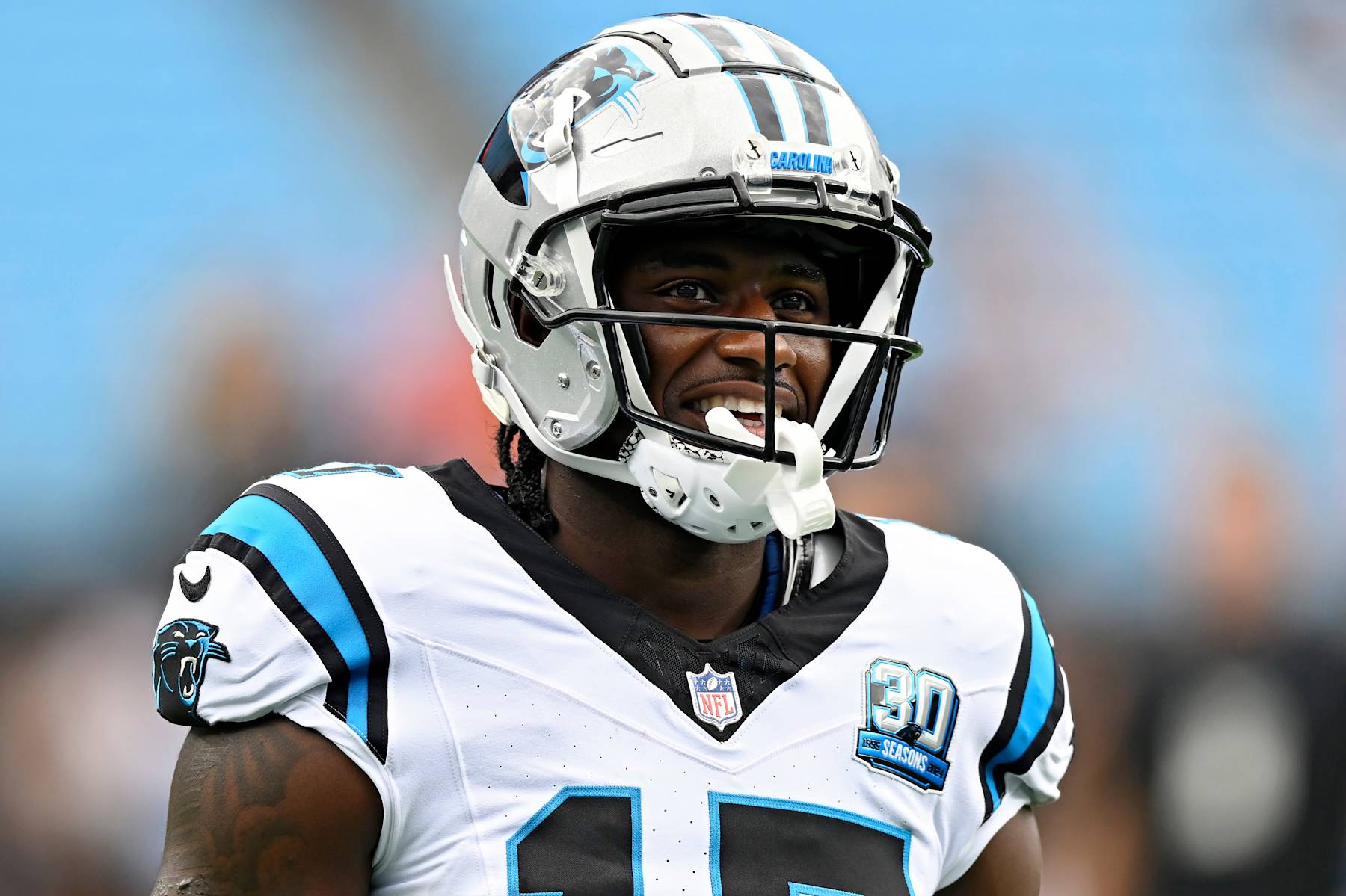 CHARLOTTE, NORTH CAROLINA - SEPTEMBER 29: Xavier Legette #17 of the Carolina Panthers looks on before the game against the Cincinnati Bengals at Bank of America Stadium on September 29, 2024 in Charlotte, North Carolina. (Photo by Matt Kelley/Getty Images)
