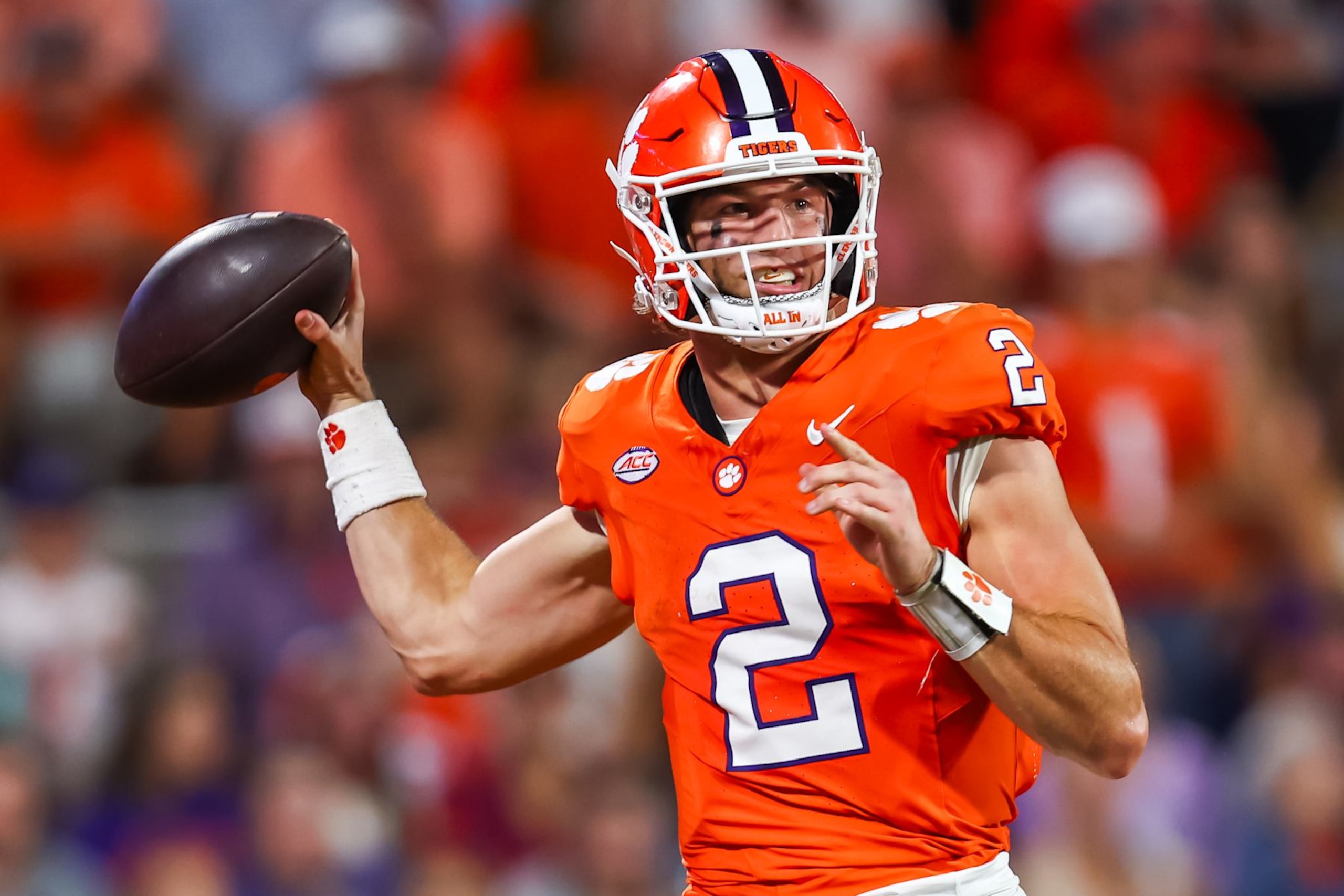 CLEMSON, SOUTH CAROLINA - SEPTEMBER 28: Cade Klubnik #2 of the Clemson Tigers passes the ball during the second half of a football game against the Stanford Cardinal at Memorial Stadium on September 28, 2024 in Clemson, South Carolina. (Photo by David Jensen/Getty Images)