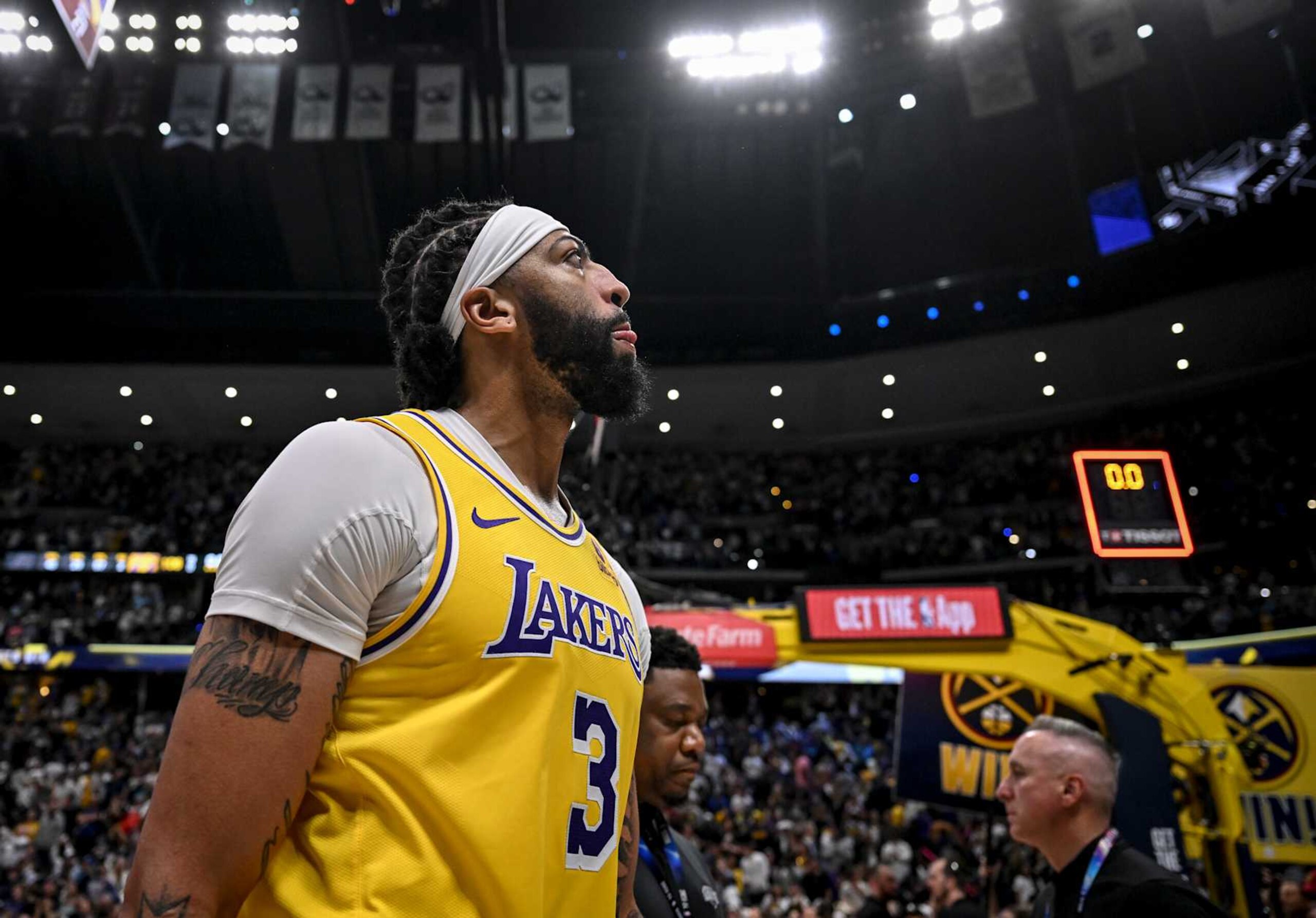 DENVER, CO - APRIL 29: Anthony Davis (3) of the Los Angeles Lakers leaves the court the fourth quarter of the Denver Nuggets' 108-106 win at Ball Arena in Denver, Colorado on Monday, April 29, 2024. The Nuggets eliminated the Lakers from the playoffs for the second straight year by way of a 4-1 series victory. (Photo by AAron Ontiveroz/The Denver Post)