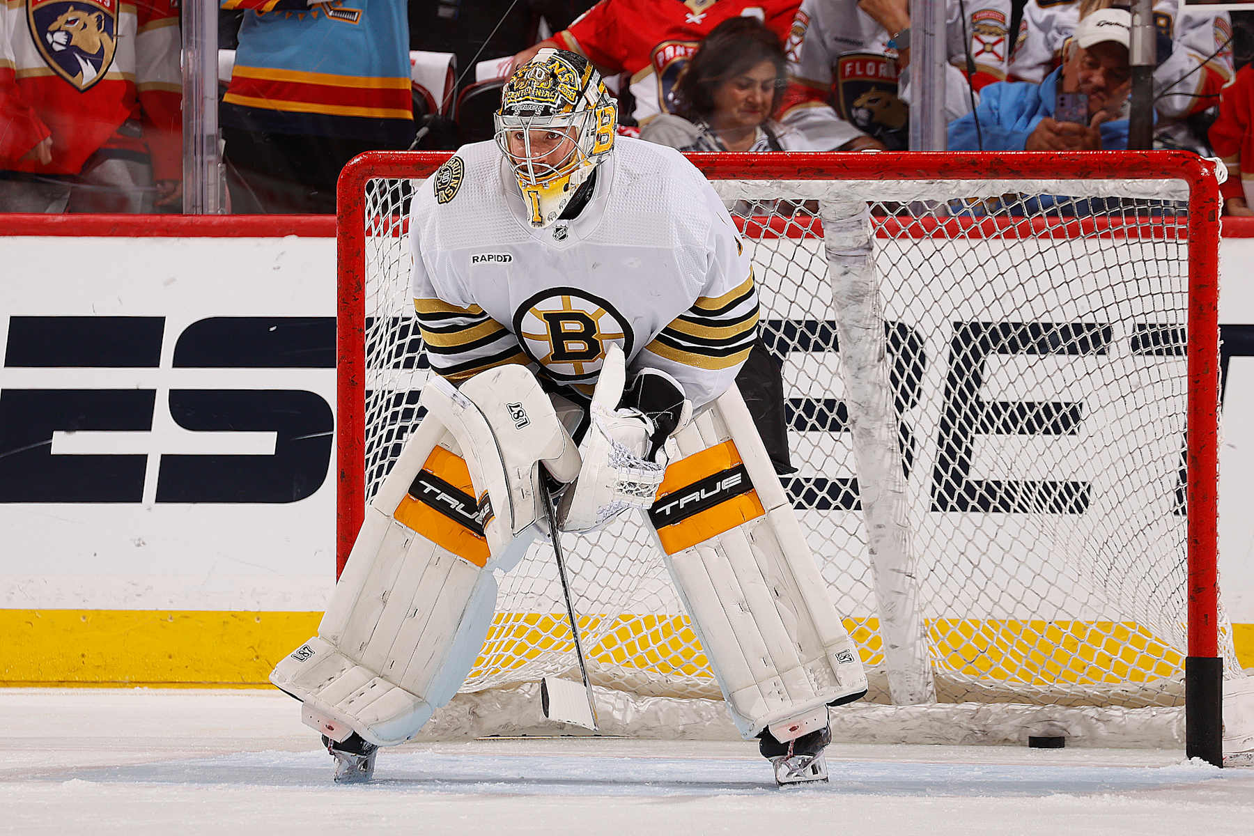 SUNRISE, FLORIDA - MAY 14: Goaltender Jeremy Swayman #1 of the Boston Bruins warms in up in net prior to the start of the game against the Florida Panthers in Game Five of the Second Round of the 2024 Stanley Cup Playoffs at the Amerant Bank Arena on May 14, 2024 in Sunrise, Florida. (Photo by Eliot J. Schechter/NHLI via Getty Images)