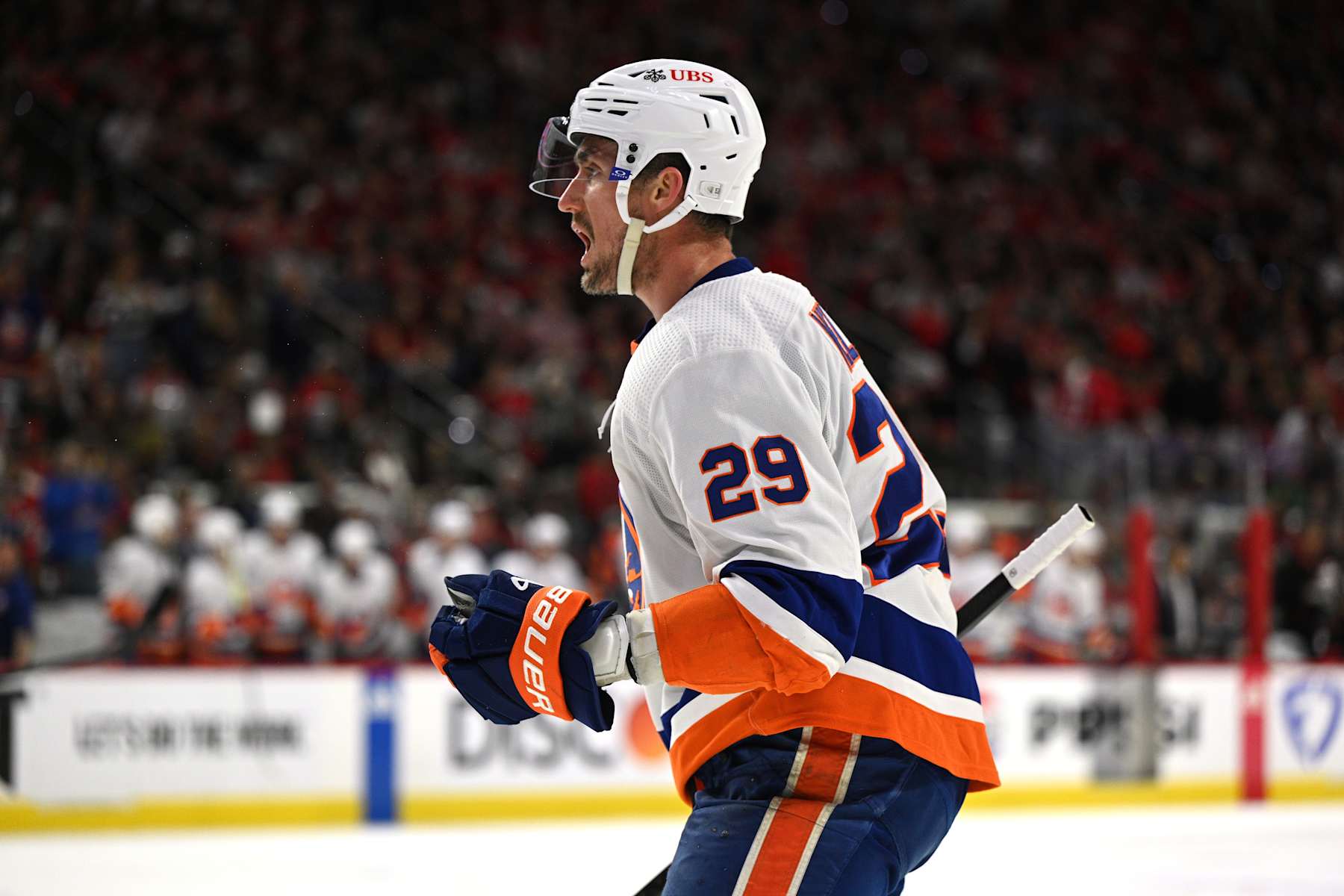 RALEIGH, NC - APRIL 30: New York Islanders Center Brock Nelson (29) celebrates scoring during game five of the Eastern Conference First Round between the New York Islanders and the Carolina Hurricanes on April 30, 2024 at PNC Arena in Raleigh, North Carolina. (Photo by Katherine Gawlik/Icon Sportswire via Getty Images)