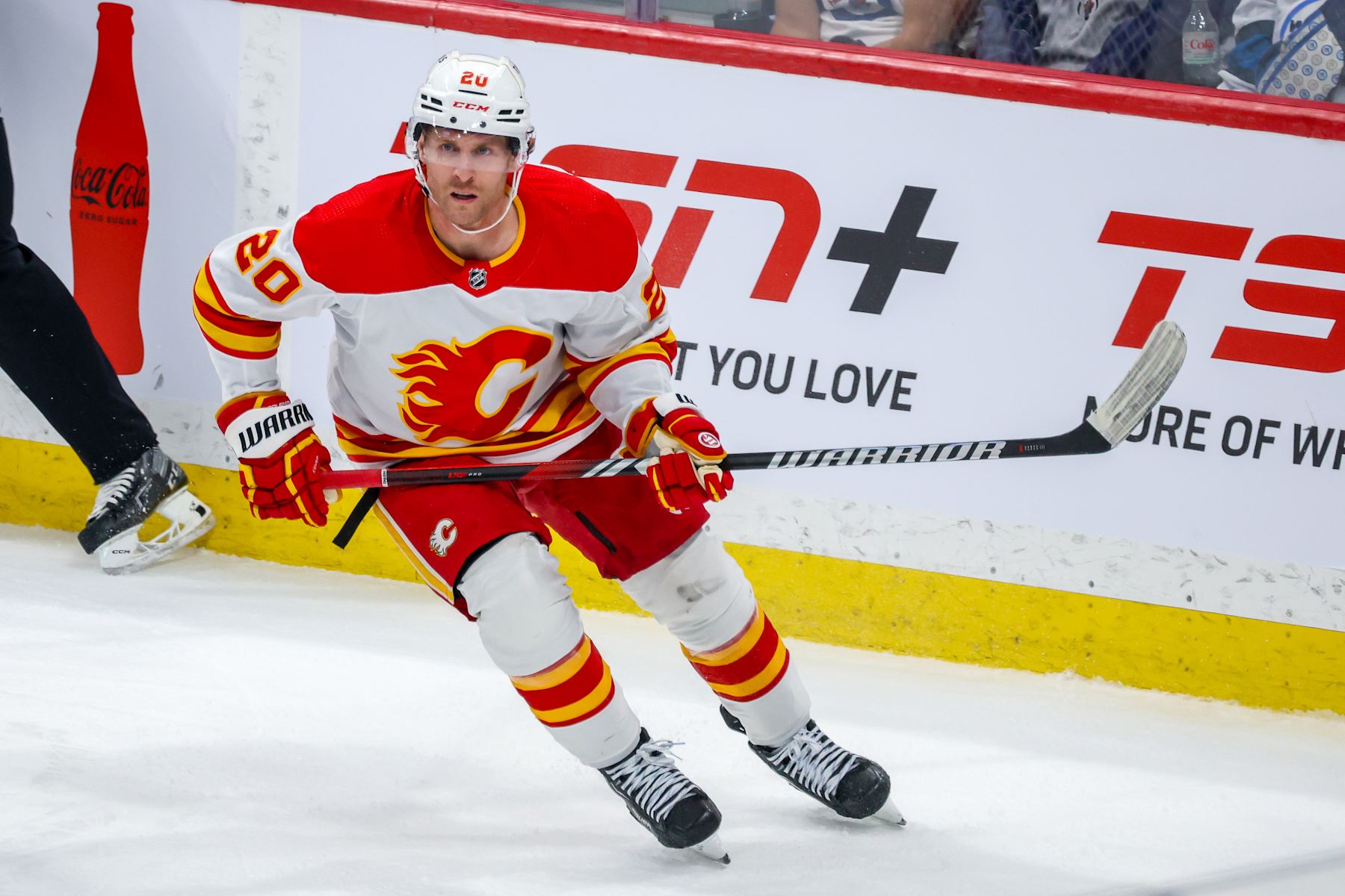 WINNIPEG, CANADA - APRIL 04: Blake Coleman #20 of the Calgary Flames skates during third period action against the Winnipeg Jets at Canada Life Centre on April 04, 2024 in Winnipeg, Manitoba, Canada. (Photo by Jonathan Kozub/NHLI via Getty Images)