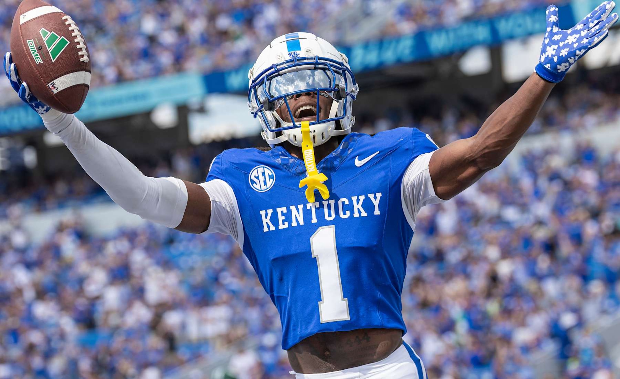 LEXINGTON, KENTUCKY - SEPTEMBER 21: Maxwell Hairston #1 of the Kentucky Wildcats celebrates a touchdown after an interception during the second half against the Ohio Bobcats at Kroger Field on September 21, 2024 in Lexington, Kentucky. (Photo by Michael Hickey/Getty Images)