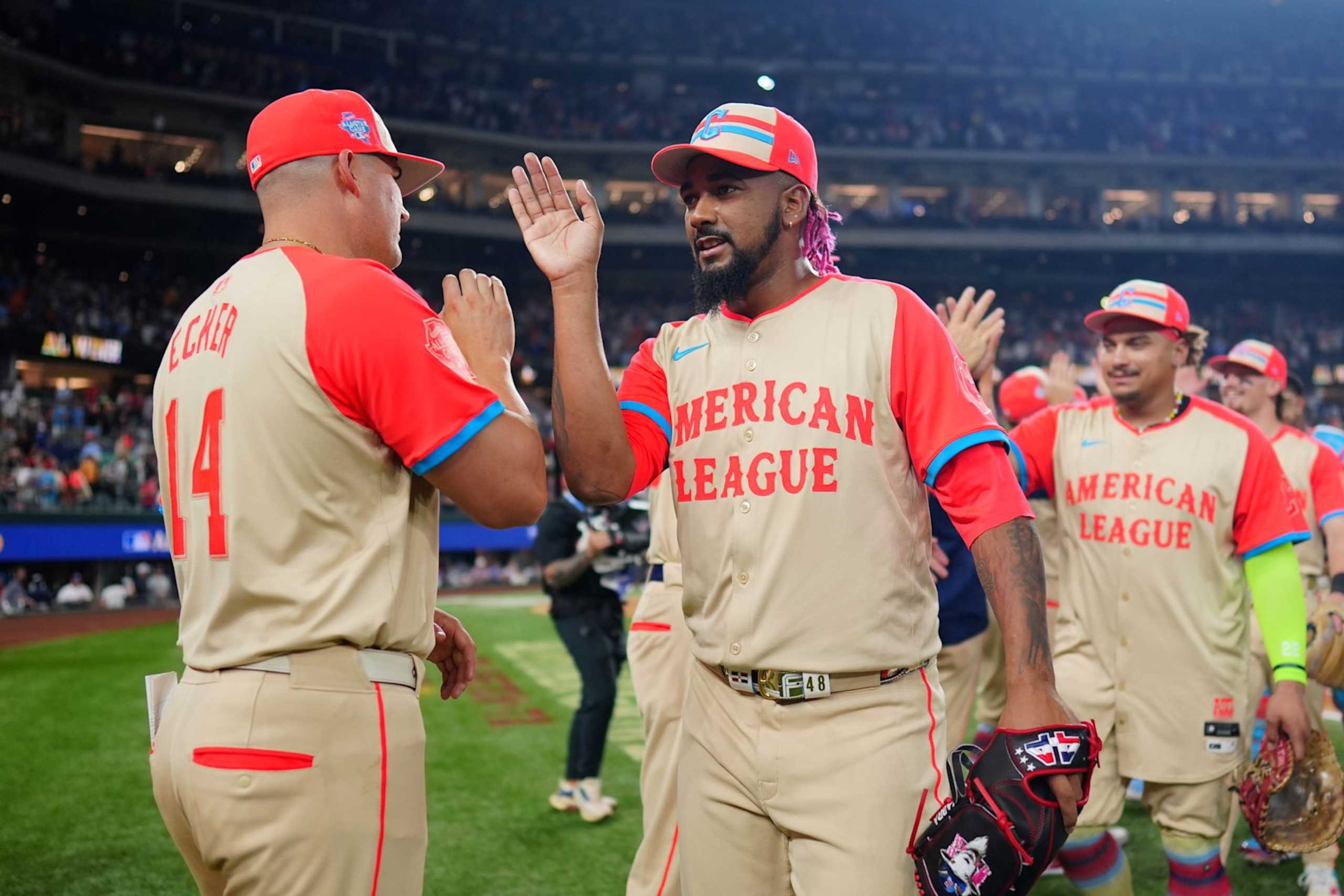 ARLINGTON, TX - JULY 16: Emmanuel Clase #48 and Emmanuel Clase #48 of the Cleveland Guardians celebrates after winning during the 94th MLB All-Star Game presented by Mastercard at Globe Life Field on Tuesday, July 16, 2024 in Arlington, Texas. (Photo by Daniel Shirey/MLB Photos via Getty Images)