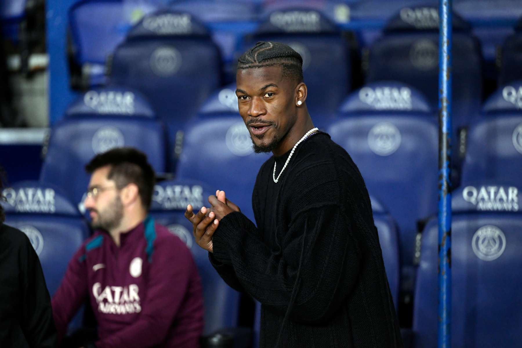 PARIS, FRANCE - SEPTEMBER 27: Jimmy Butler attends the Ligue 1 match between Paris Saint-Germain FC and Stade Rennais FC 1901 at Parc Des Princes on September 27, 2024 in Paris, France. (Photo by Aurelien Meunier - PSG/PSG via Getty Images)