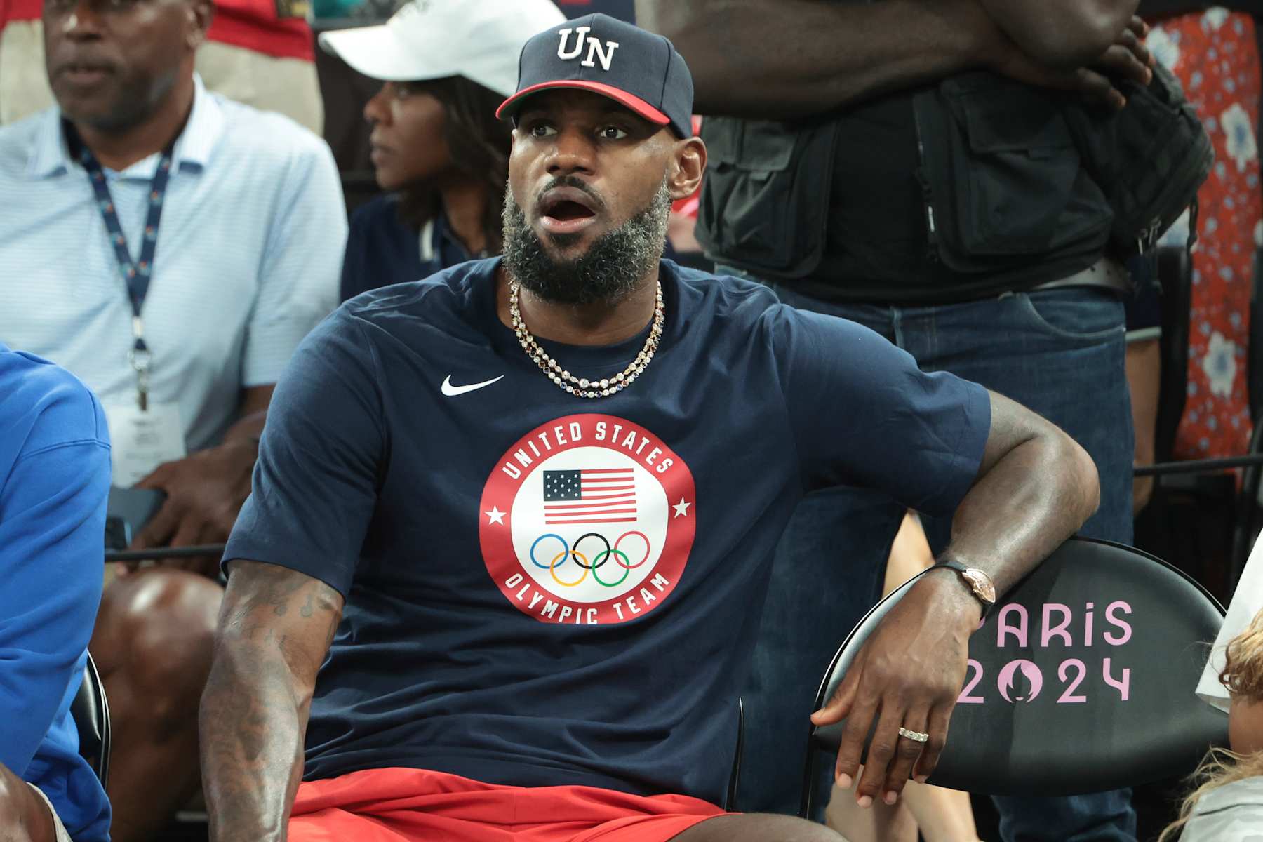 PARIS, FRANCE - AUGUST 11: LeBron James of USA attends the Basketball Women's Gold Medal match between Team France and Team USA on day sixteen of the Olympic Games Paris 2024 at Bercy Arena on August 11, 2024 in Paris, France. (Photo by Jean Catuffe/Getty Images)