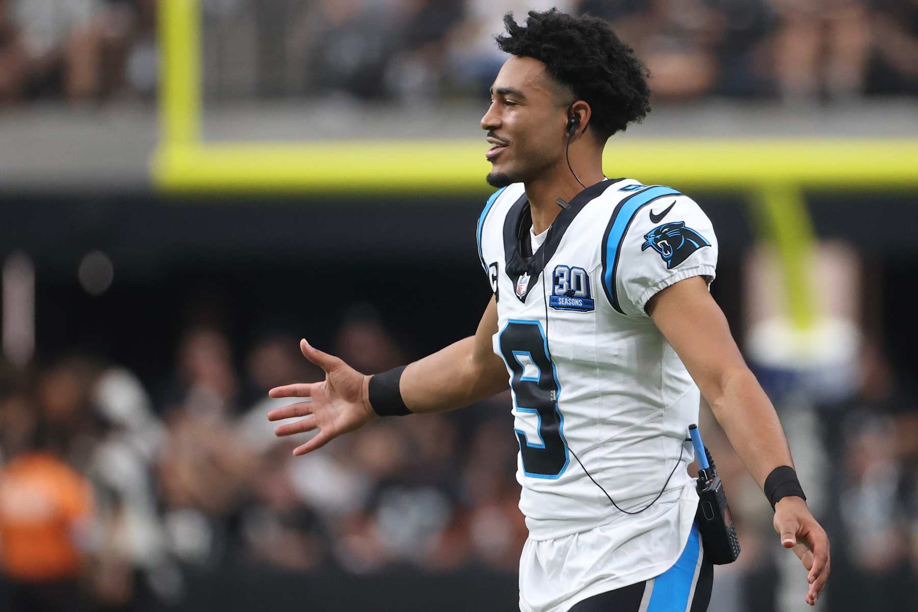 LAS VEGAS, NEVADA - SEPTEMBER 22: Bryce Young #9 of the Carolina Panthers looks on during the first quarter of a game against the Las Vegas Raiders at Allegiant Stadium on September 22, 2024 in Las Vegas, Nevada. (Photo by Ian Maule/Getty Images)