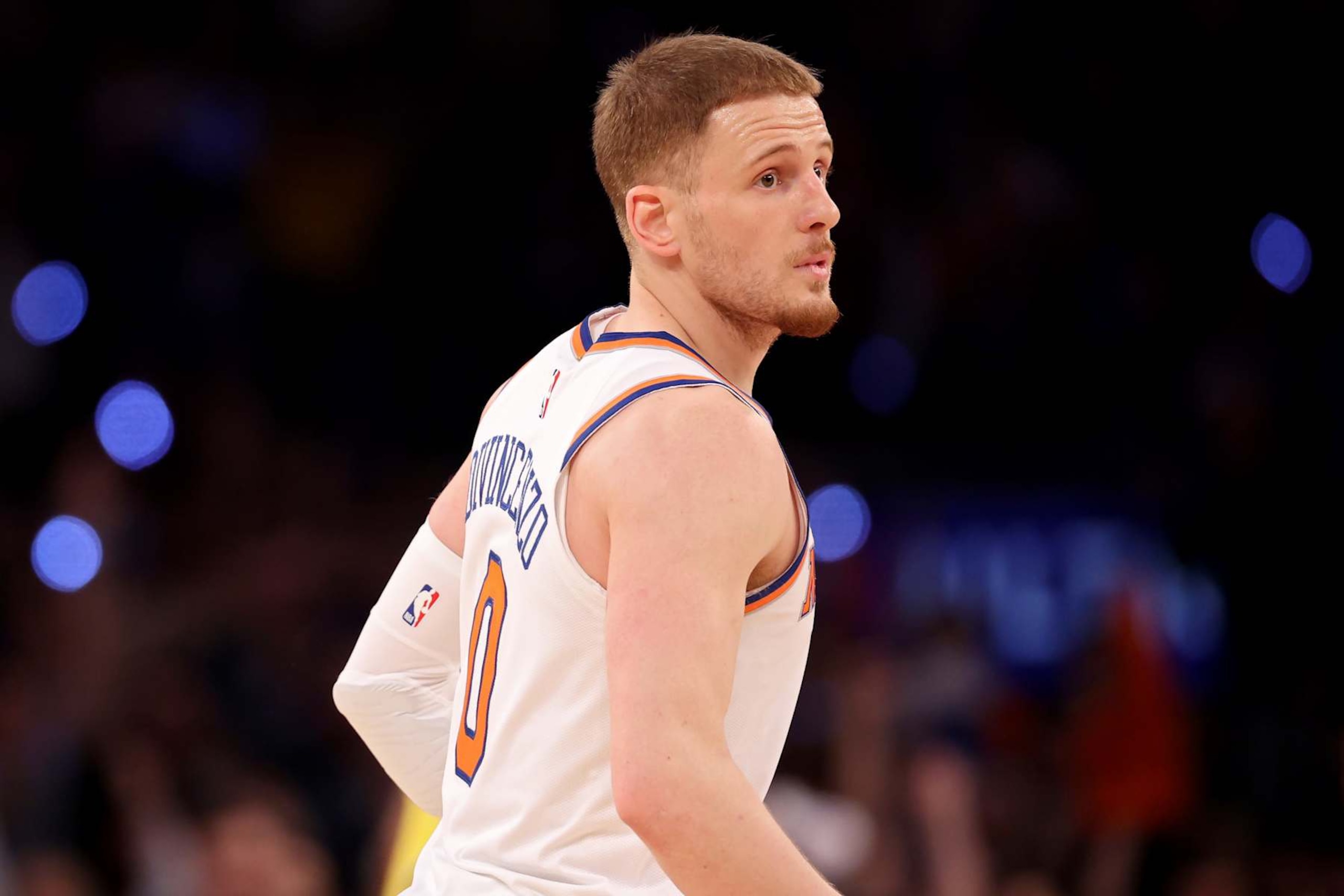 NEW YORK, NEW YORK - MAY 19: Donte DiVincenzo #0 of the New York Knicks celebrates after making a shot in the third quarter against the Indiana Pacers in Game Seven of the Eastern Conference Second Round Playoffs at Madison Square Garden on May 19, 2024 in New York City. NOTE TO USER: User expressly acknowledges and agrees that, by downloading and or using this photograph, User is consenting to the terms and conditions of the Getty Images License Agreement. (Photo by Elsa/Getty Images) NEW YORK, NEW YORK - MAY 19: Donte DiVincenzo #0 of the New York Knicks celebrates after making a shot in the third quarter against the Indiana Pacers in Game Seven of the Eastern Conference Second Round Playoffs at Madison Square Garden on May 19, 2024 in New York City. NOTE TO USER: User expressly acknowledges and agrees that, by downloading and or using this photograph, User is consenting to the terms and conditions of the Getty Images License Agreement. (Photo by Elsa/Getty Images)