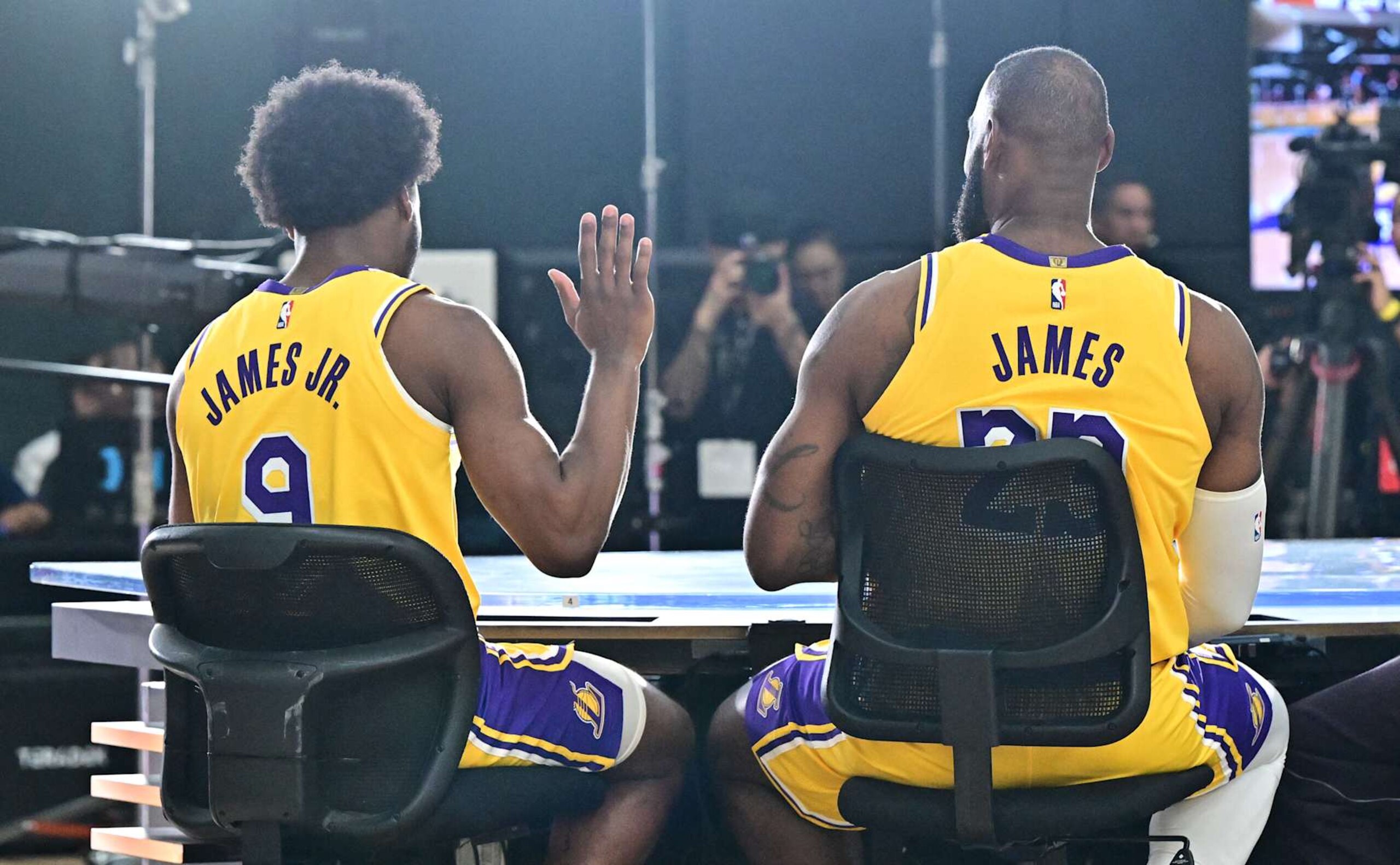 Los Angeles Lakers #23 LeBron James and his son #9 Bronny James attend the Lakers media day at UCLA Health Training Center in El Segundo, California, September 30, 2024. (Photo by Frederic J. BROWN / AFP) (Photo by FREDERIC J. BROWN/AFP via Getty Images)