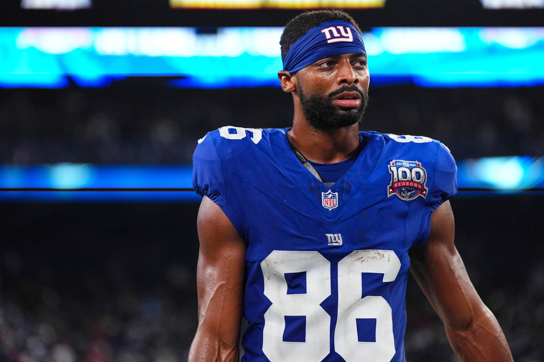 EAST RUTHERFORD, NJ - SEPTEMBER 26: Darius Slayton #86 of the New York Giants walks off of the field after an NFL football game against the Dallas Cowboys at MetLife Stadium on September 26, 2024 in East Rutherford, New Jersey. (Photo by Cooper Neill/Getty Images)