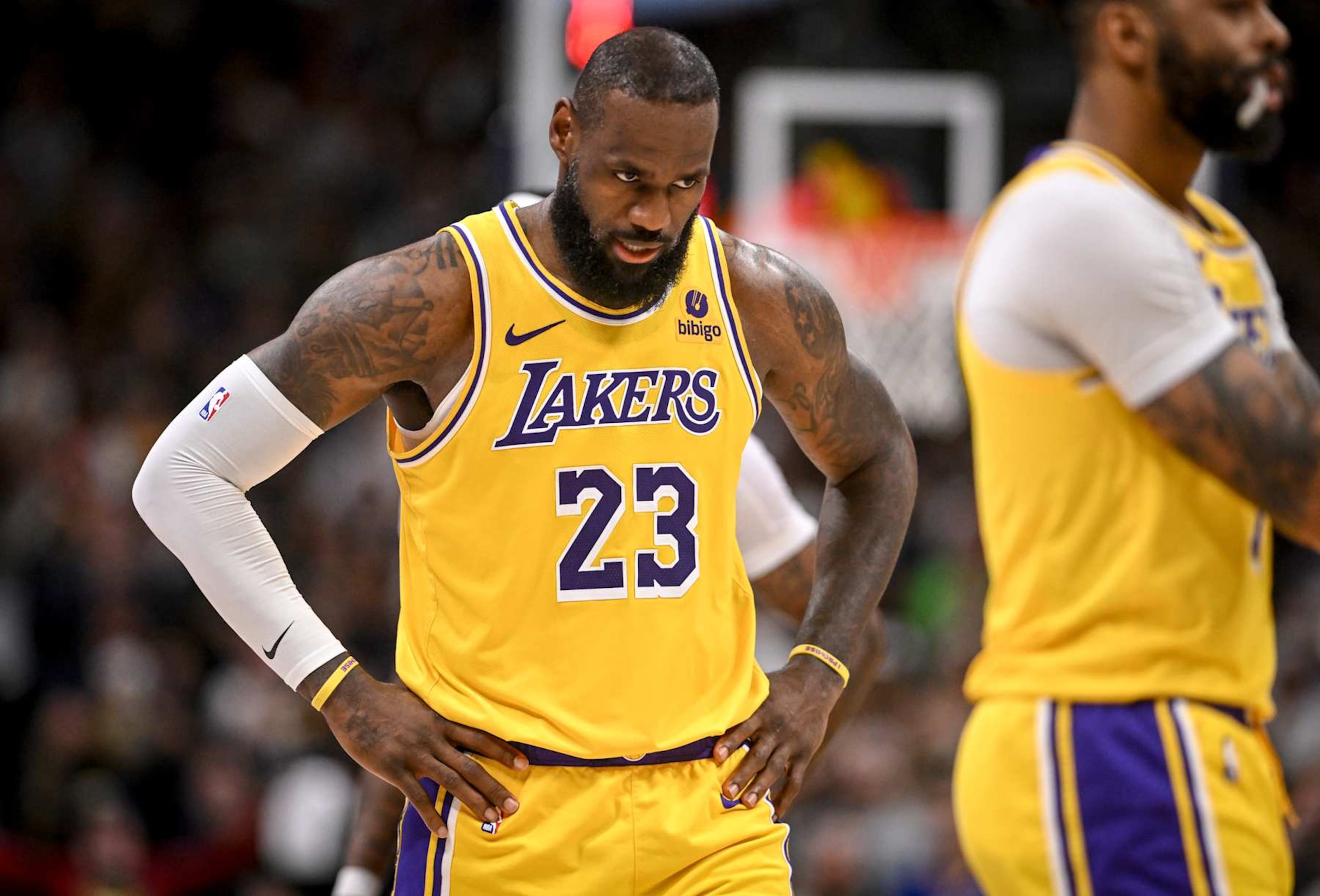 DENVER, CO - APRIL 29: LeBron James (23) of the Los Angeles Lakers reacts to a turnover during the fourth quarter of the Denver Nuggets' 108-106 win at Ball Arena in Denver, Colorado on Monday, April 29, 2024. The Nuggets eliminated the Lakers from the playoffs for the second straight year by way of a 4-1 series victory. (Photo by AAron Ontiveroz/The Denver Post)