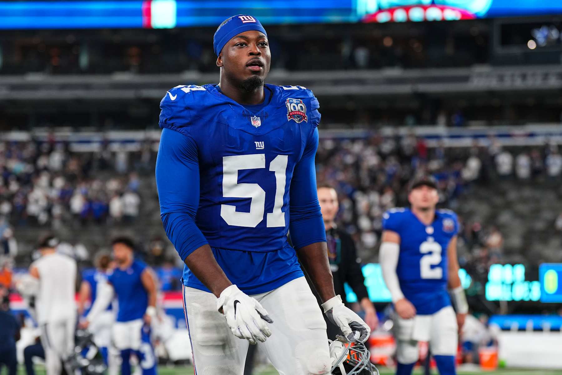 EAST RUTHERFORD, NJ - SEPTEMBER 26: Azeez Ojulari #51 of the New York Giants walks off of the field after an NFL football game against the Dallas Cowboys at MetLife Stadium on September 26, 2024 in East Rutherford, New Jersey. (Photo by Cooper Neill/Getty Images)