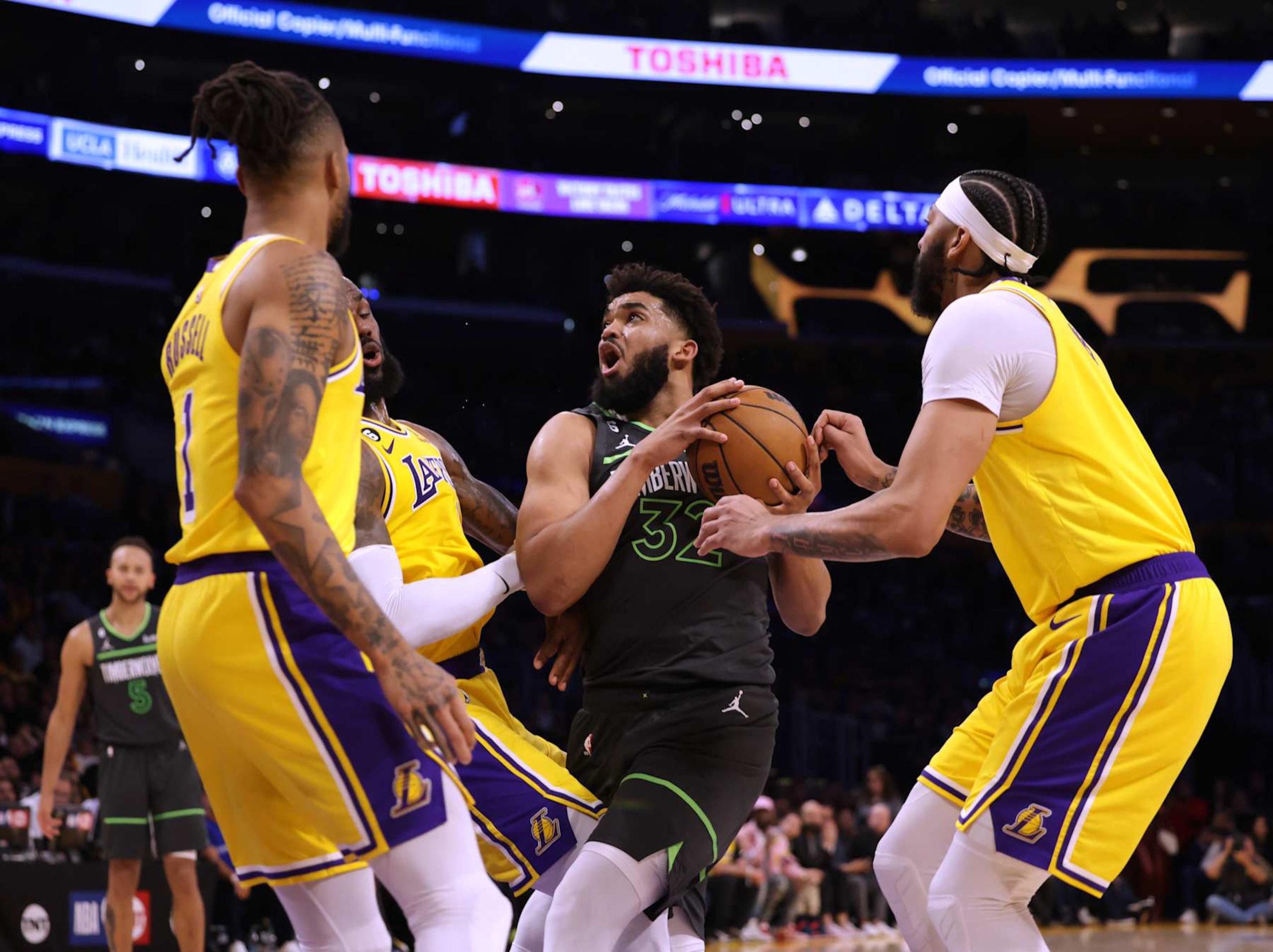 LOS ANGELES, CALIFORNIA - APRIL 11: la32 drives to the basket between Anthony Davis #3, LeBron James #6 and D'Angelo Russell #1 of the Los Angeles Lakers during the first half in a play-in tournament game at Crypto.com Arena on April 11, 2023 in Los Angeles, California. NOTE TO USER: User expressly acknowledges and agrees that, by downloading and or using this photograph, User is consenting to the terms and conditions of the Getty Images License Agreement. (Photo by Harry How/Getty Images) LOS ANGELES, CALIFORNIA - APRIL 11: la32 drives to the basket between Anthony Davis #3, LeBron James #6 and D'Angelo Russell #1 of the Los Angeles Lakers during the first half in a play-in tournament game at Crypto.com Arena on April 11, 2023 in Los Angeles, California. NOTE TO USER: User expressly acknowledges and agrees that, by downloading and or using this photograph, User is consenting to the terms and conditions of the Getty Images License Agreement. (Photo by Harry How/Getty Images)