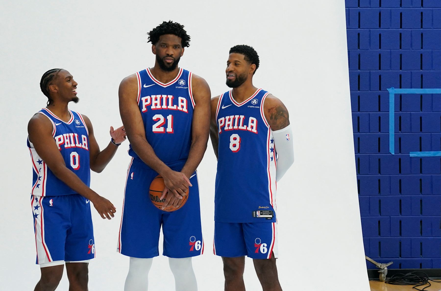 Tyrese Maxey, Joel Embiid and Paul George