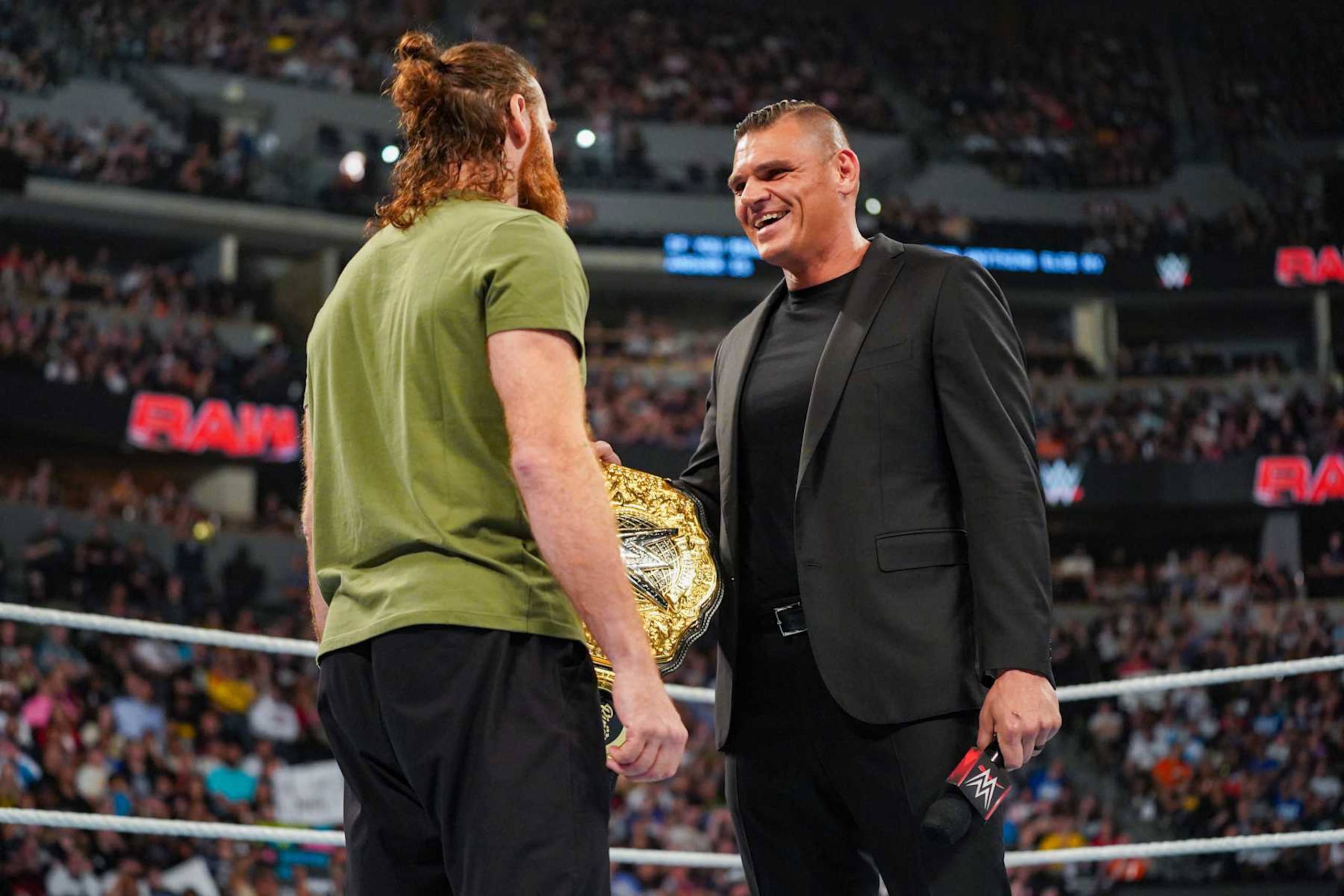 DENVER, COLORADO - SEPTEMBER 2: Sami Zayn and The World Heaveyweight Champion, GUNTHER face off during Monday Night RAW at Ball Arena on September 2, 2024 in Denver, Colorado.  (Photo by WWE/Getty Images)