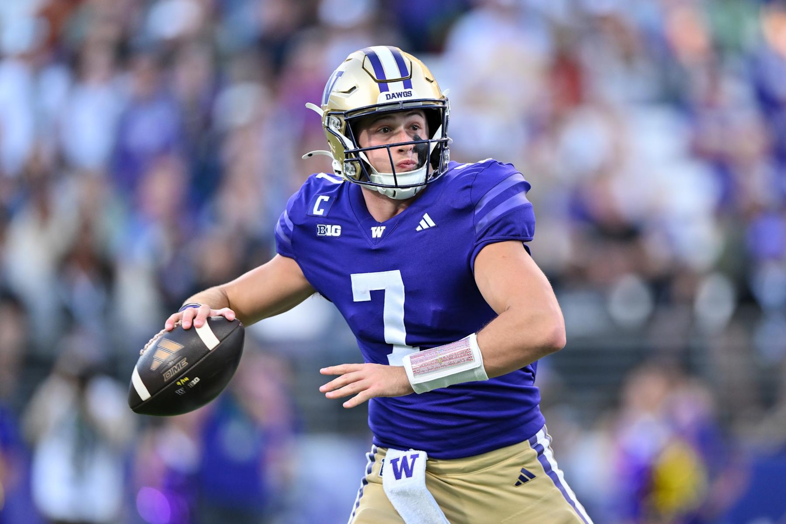 SEATTLE, WASHINGTON - SEPTEMBER 21: Will Rogers #7 of the Washington Huskies throws the ball during the game against the Northwestern Wildcats at Husky Stadium on September 21, 2024 in Seattle, Washington. The Huskies defeated the Wildcats 24-5. (Photo by Alika Jenner/Getty Images)