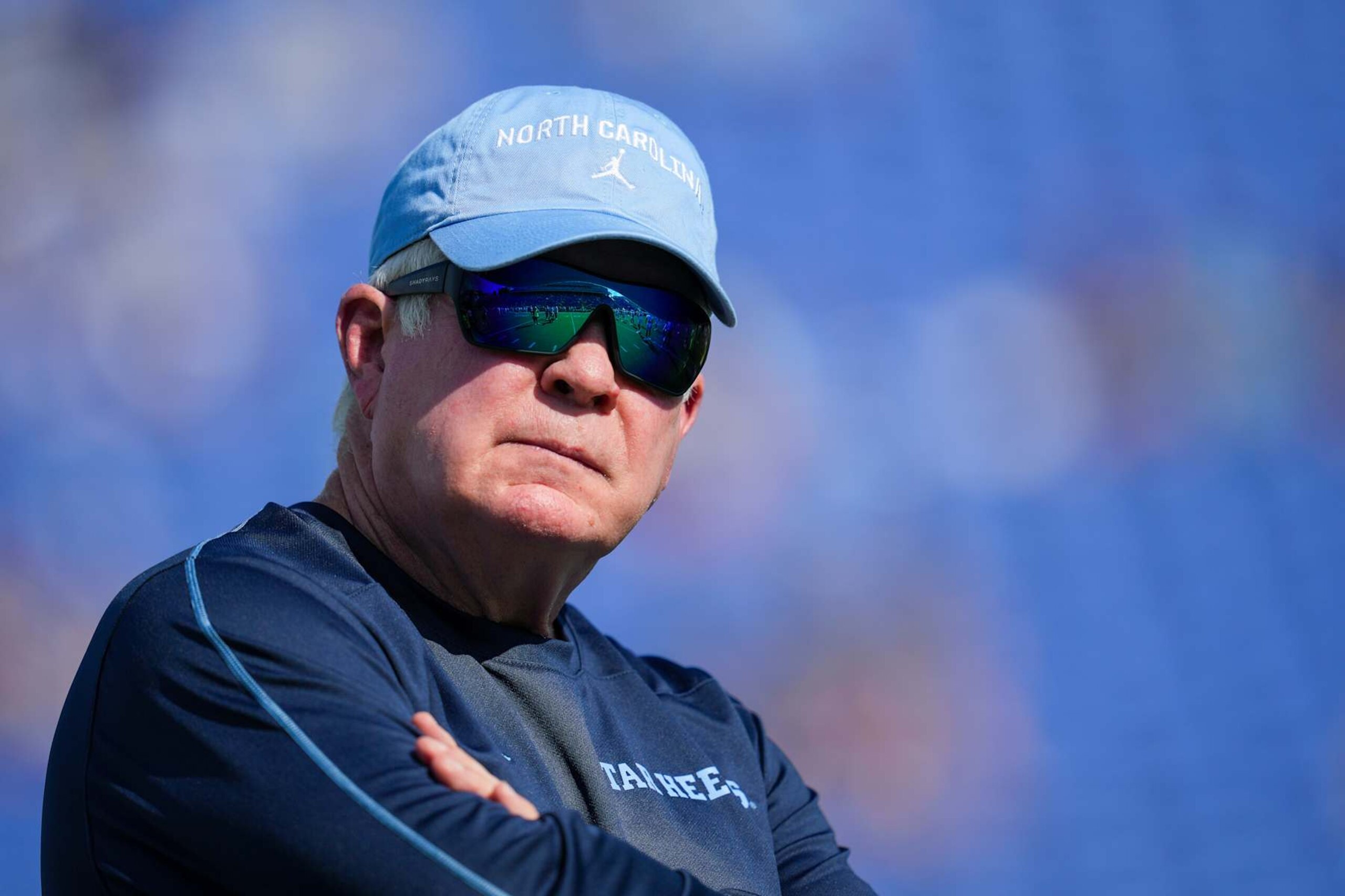 DURHAM, NORTH CAROLINA - SEPTEMBER 28: Head coach Mack Brown of the North Carolina Tar Heels watches his team during the first half of the game against the Duke Blue Devils at Wallace Wade Stadium on September 28, 2024 in Durham, North Carolina. (Photo by Grant Halverson/Getty Images)