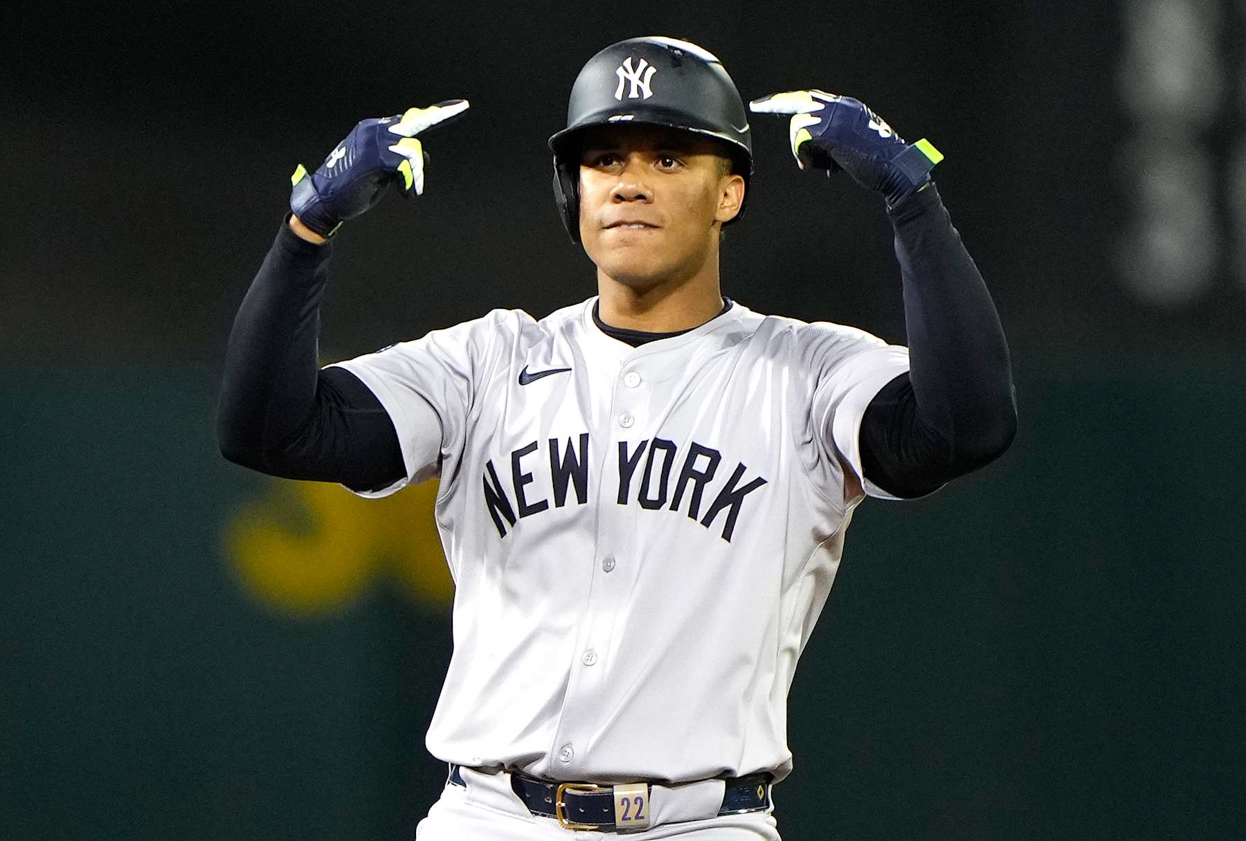 OAKLAND, CALIFORNIA - SEPTEMBER 20: Juan Soto #22 of the New York Yankees standing on second base celebrating after he hit a pinch-hit rbi double scoring Oswaldo Cabrera #95 against the Oakland Athletics in the top of the 10th inning at the Oakland Coliseum on September 20, 2024 in Oakland, California. (Photo by Thearon W. Henderson/Getty Images)