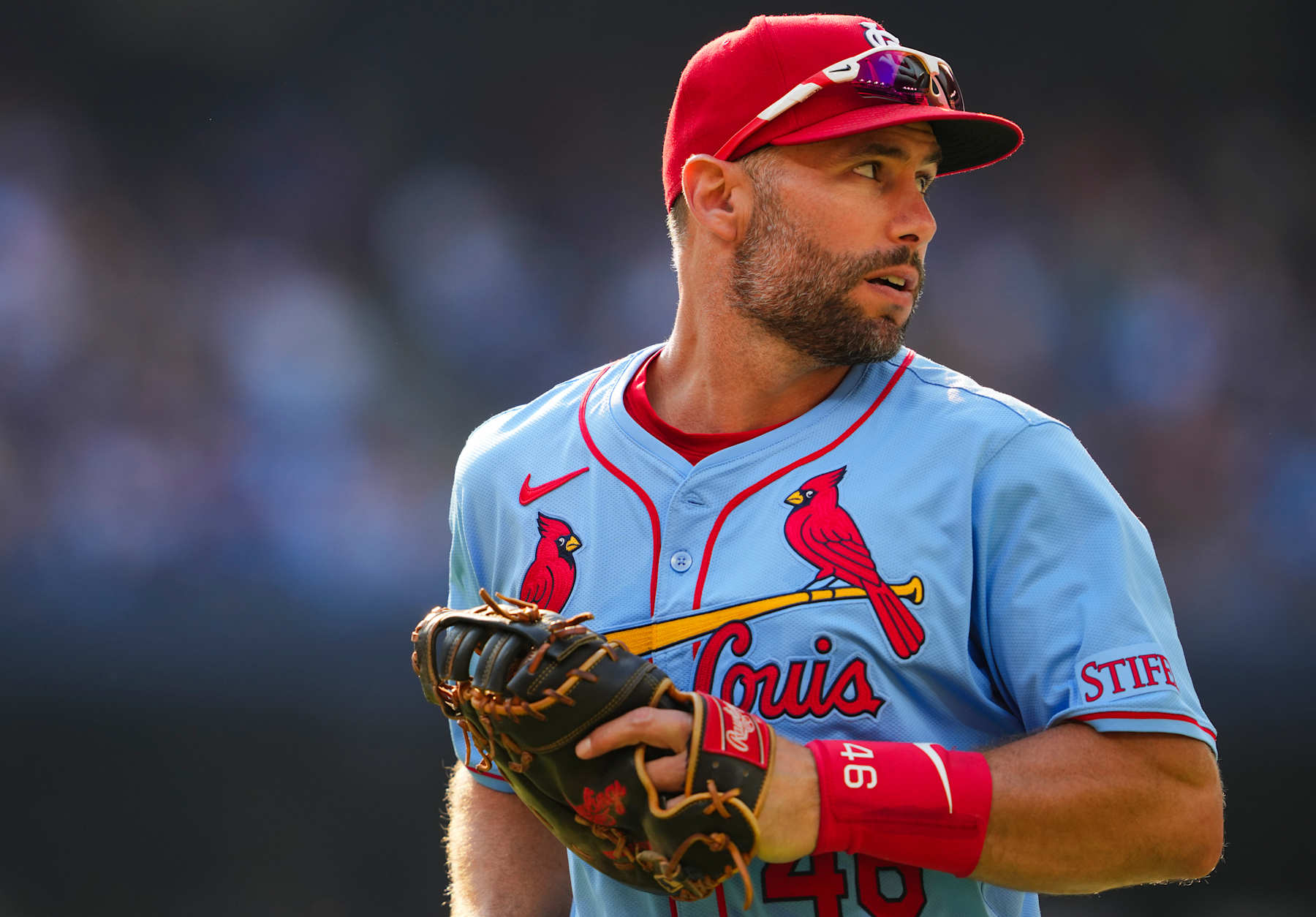 TORONTO, ON - SEPTEMBER 14: Paul Goldschmidt #46 of the St. Louis Cardinals looks on against the Toronto Blue Jays in their MLB game at the Rogers Centre on September 14, 2024 in Toronto, Ontario, Canada. (Photo by Mark Blinch/Getty Images)