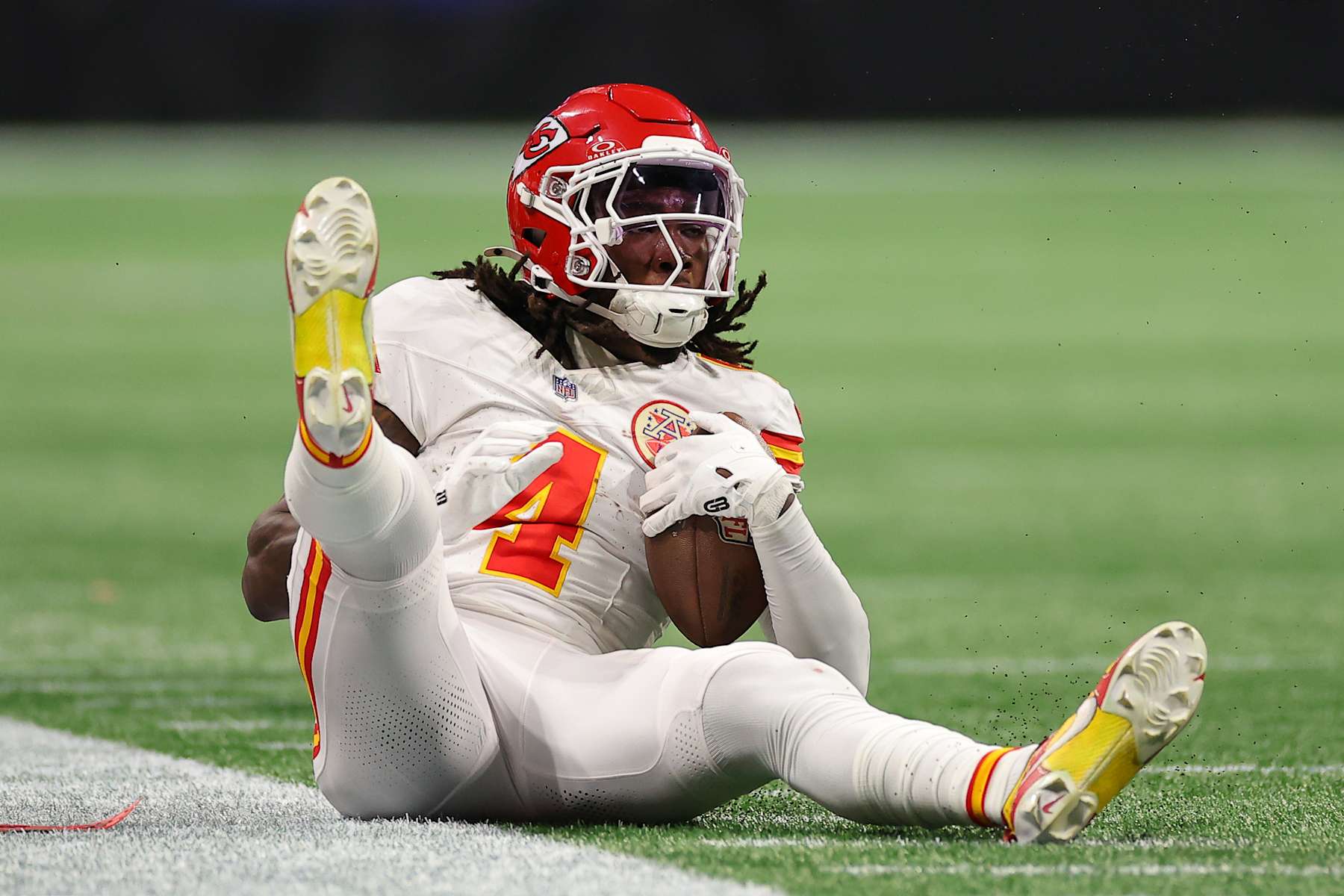 ATLANTA, GEORGIA - SEPTEMBER 22: Rashee Rice #4 of the Kansas City Chiefs reacts after making a catch during the first quarter against the Atlanta Falcons at Mercedes-Benz Stadium on September 22, 2024 in Atlanta, Georgia. (Photo by Kevin C. Cox/Getty Images)