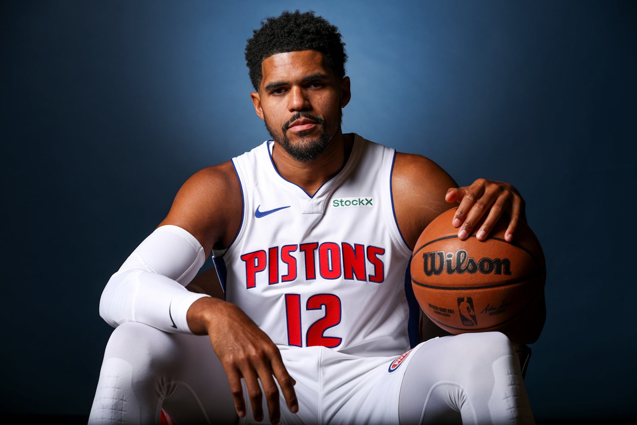 DETROIT, MICHIGAN - SEPTEMBER 30: Tobias Harris #12 of the Detroit Pistons poses for a portrait during media day at Little Caesars Arena on September 30, 2024 in Detroit, Michigan. NOTE TO USER: User expressly acknowledges and agrees that, by downloading and or using this photograph, User is consenting to the terms and conditions of the Getty Images License. (Photo by Gregory Shamus/Getty Images)