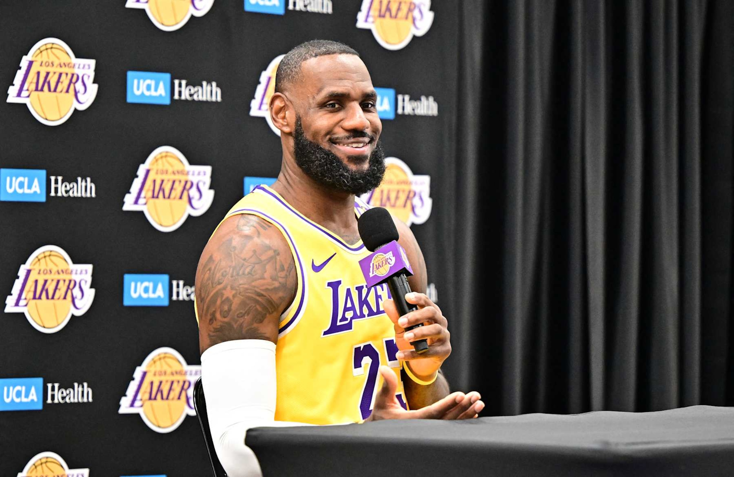 Los Angeles Lakers #23 LeBron James speaks to the press during the Lakers media day at UCLA Health Training Center in El Segundo, California, September 30, 2024. (Photo by Frederic J. BROWN / AFP) (Photo by FREDERIC J. BROWN/AFP via Getty Images)
