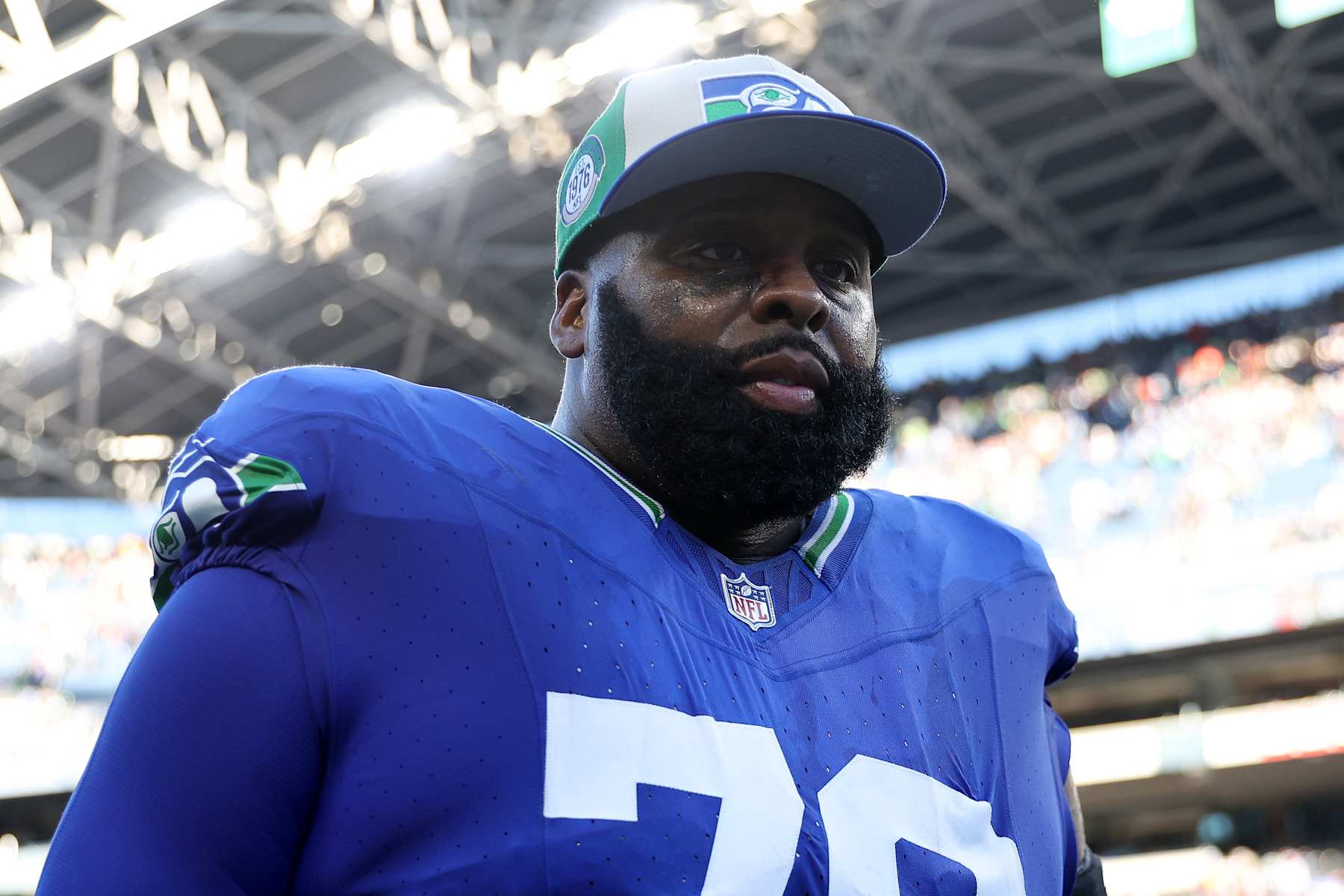 SEATTLE, WASHINGTON - OCTOBER 29: Jason Peters #70 of the Seattle Seahawks looks on after the game against the Cleveland Browns at Lumen Field on October 29, 2023 in Seattle, Washington. (Photo by Steph Chambers/Getty Images)