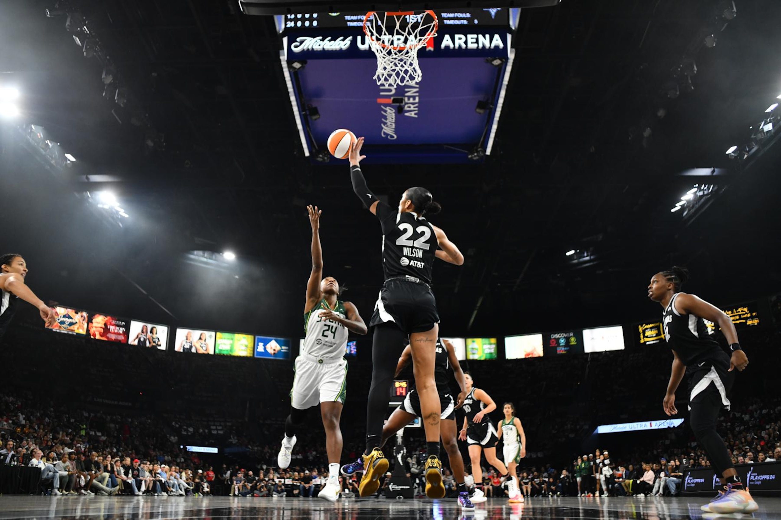 LAS VEGAS, NV - SEPTEMBER 24: A'ja Wilson #22 of the Las Vegas Aces plays defense during the game against the Seattle Storm during Round 1 Game 2 of the 2024 WNBA Playoffs on September 24, 2024 at Michelob ULTRA Arena n Las Vegas, Nevada. NOTE TO USER: User expressly acknowledges and agrees that, by downloading and or using this photograph, User is consenting to the terms and conditions of the Getty Images License Agreement. Mandatory Copyright Notice: Copyright 2024 NBAE (Photo by Barry Gossage/NBAE via Getty Images)