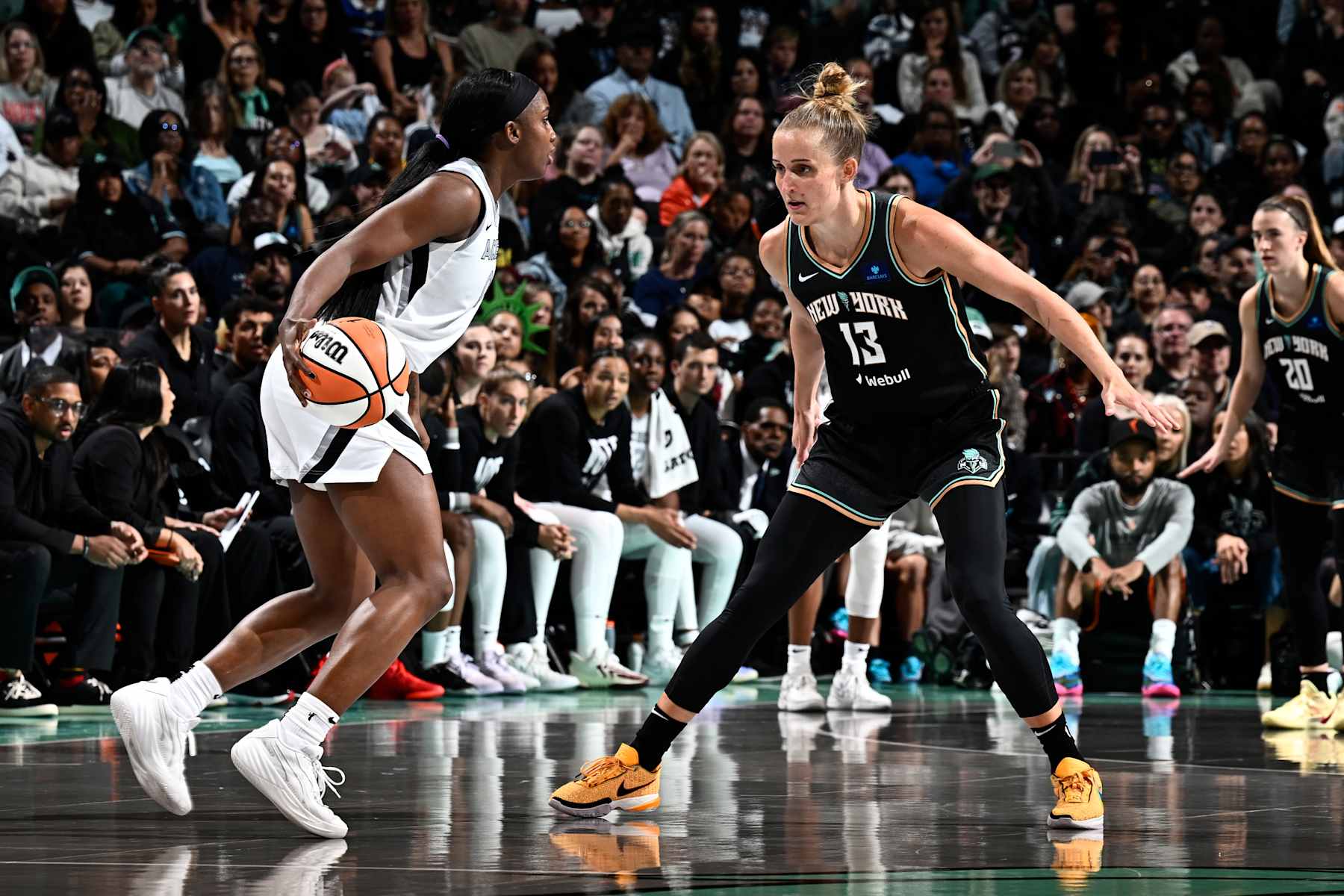 BROOKLYN, NY - SEPTEMBER 29: Leonie Fiebich #13 of the New York Liberty plays defense during the game against the Las Vegas Aces during Round Two Game One of the 2024 WNBA Playoffs on September 29, 2024 in Brooklyn, New York. NOTE TO USER: User expressly acknowledges and agrees that, by downloading and or using this photograph, user is consenting to the terms and conditions of the Getty Images License Agreement. Mandatory Copyright Notice: Copyright 2024 NBAE (Photo by David Dow/NBAE via Getty Images)