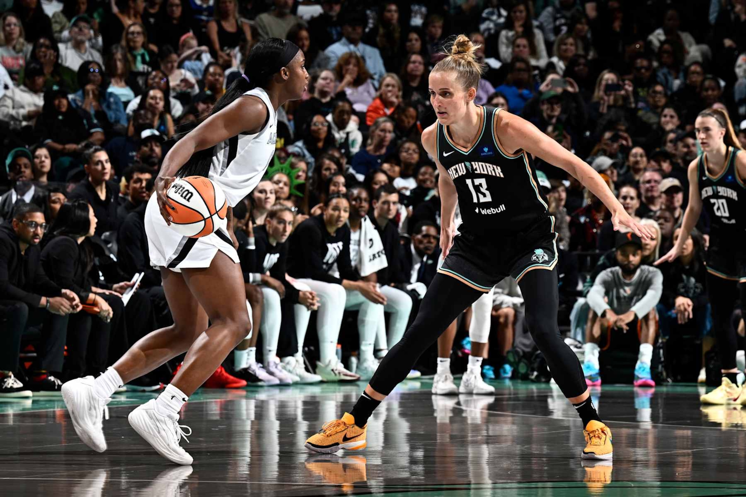 BROOKLYN, NY - SEPTEMBER 29: Leonie Fiebich #13 of the New York Liberty plays defense during the game against the Las Vegas Aces during Round Two Game One of the 2024 WNBA Playoffs on September 29, 2024 in Brooklyn, New York. NOTE TO USER: User expressly acknowledges and agrees that, by downloading and or using this photograph, user is consenting to the terms and conditions of the Getty Images License Agreement. Mandatory Copyright Notice: Copyright 2024 NBAE (Photo by David Dow/NBAE via Getty Images)